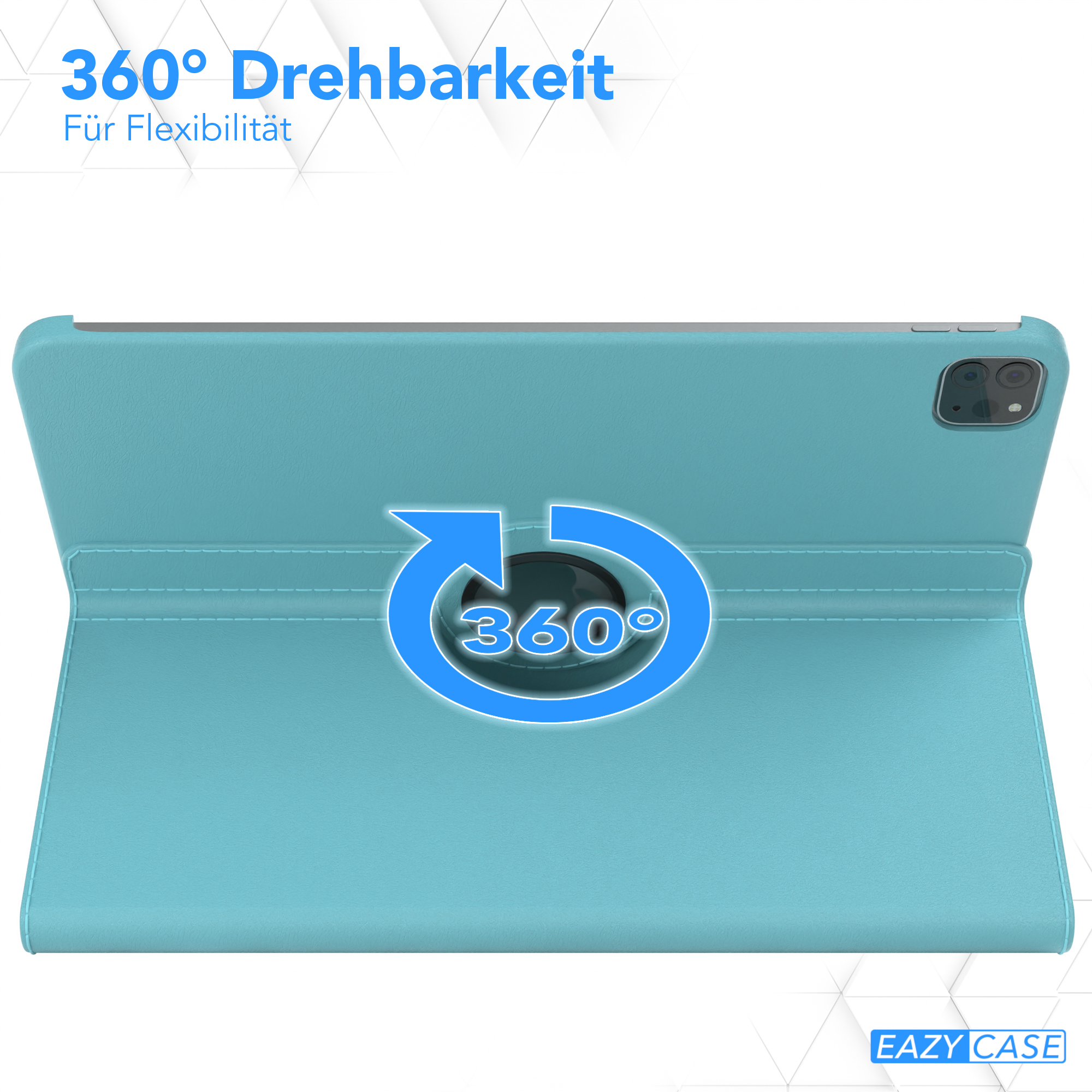Eine blaue Tablethülle mit einem Tablet darin, mit einer 360-Grad-Drehfunktion.