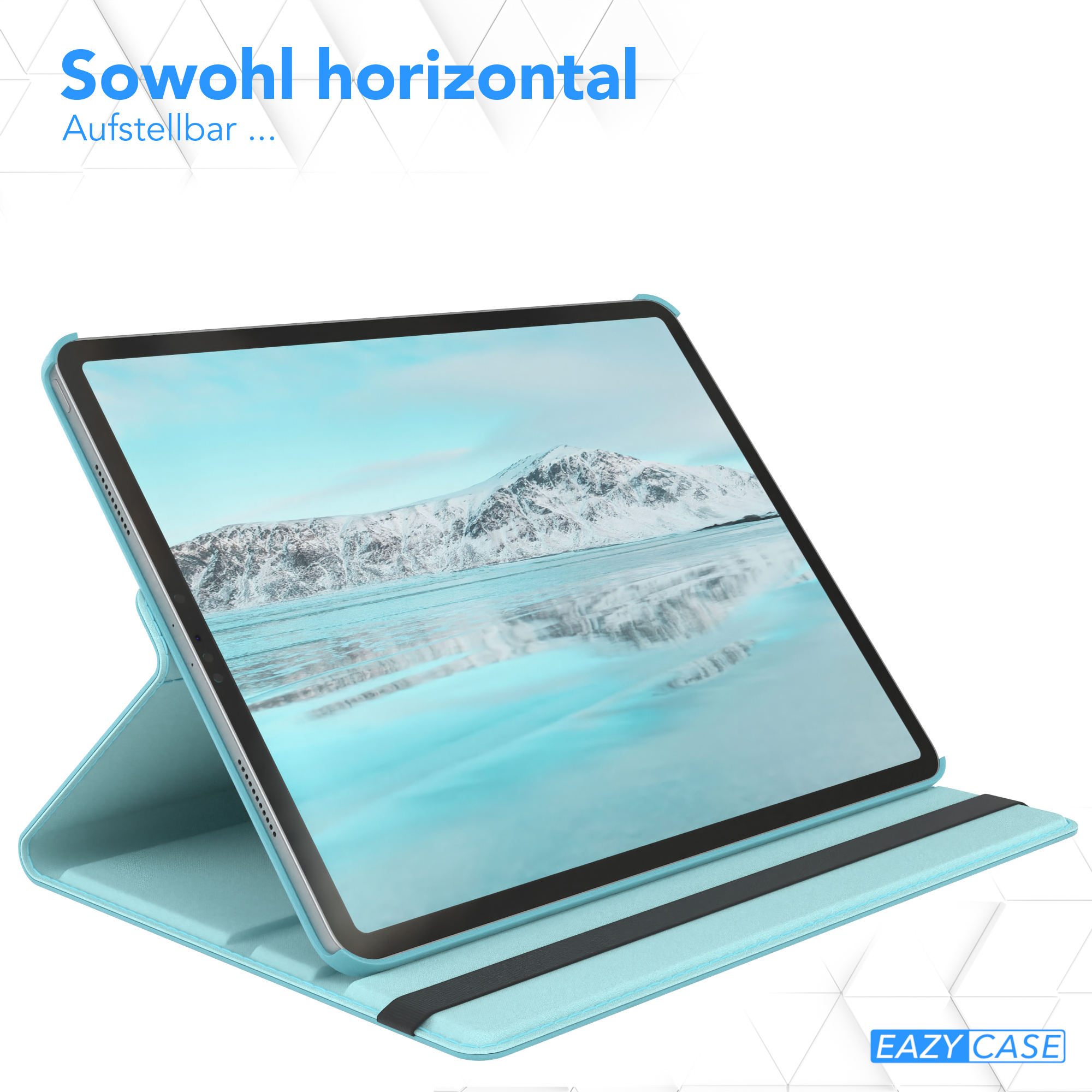 Eine türkisblaue Tablethülle, geöffnet, um den Bildschirm anzuzeigen. Die Hülle wird horizontal und geöffnet gezeigt.