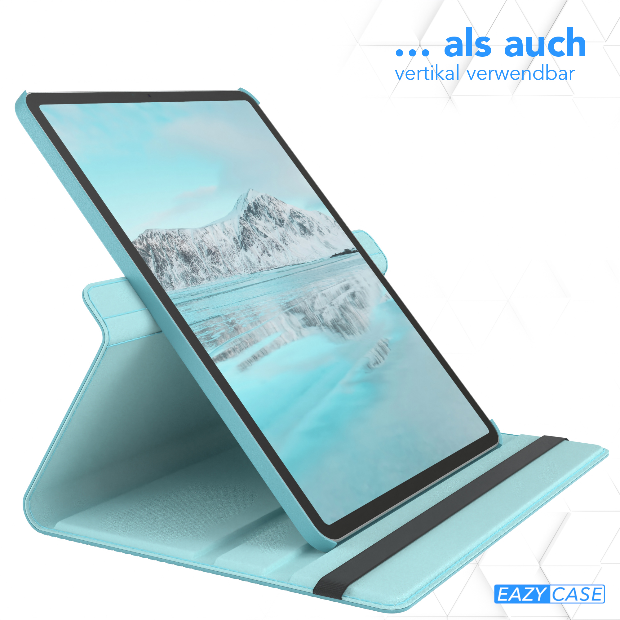 Ein Tablet in einem blauen Gehäuse, hochgestellt, mit dem Text "EAZY CASE" unten rechts.
