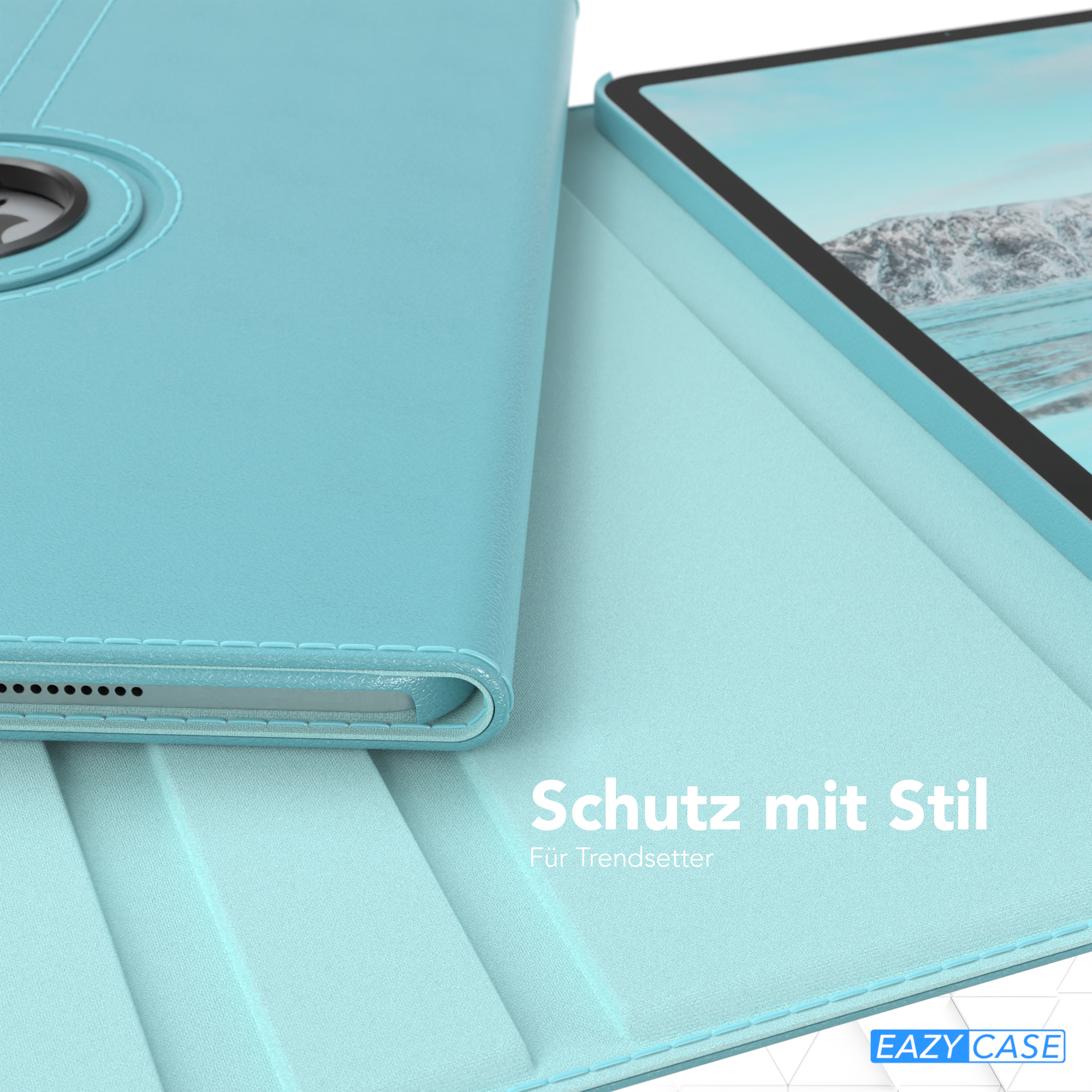 Eine hellblaue Tablethülle mit Magnetverschluss, die ein Tablet zeigt, Nahaufnahme, mit einer Strandszene.