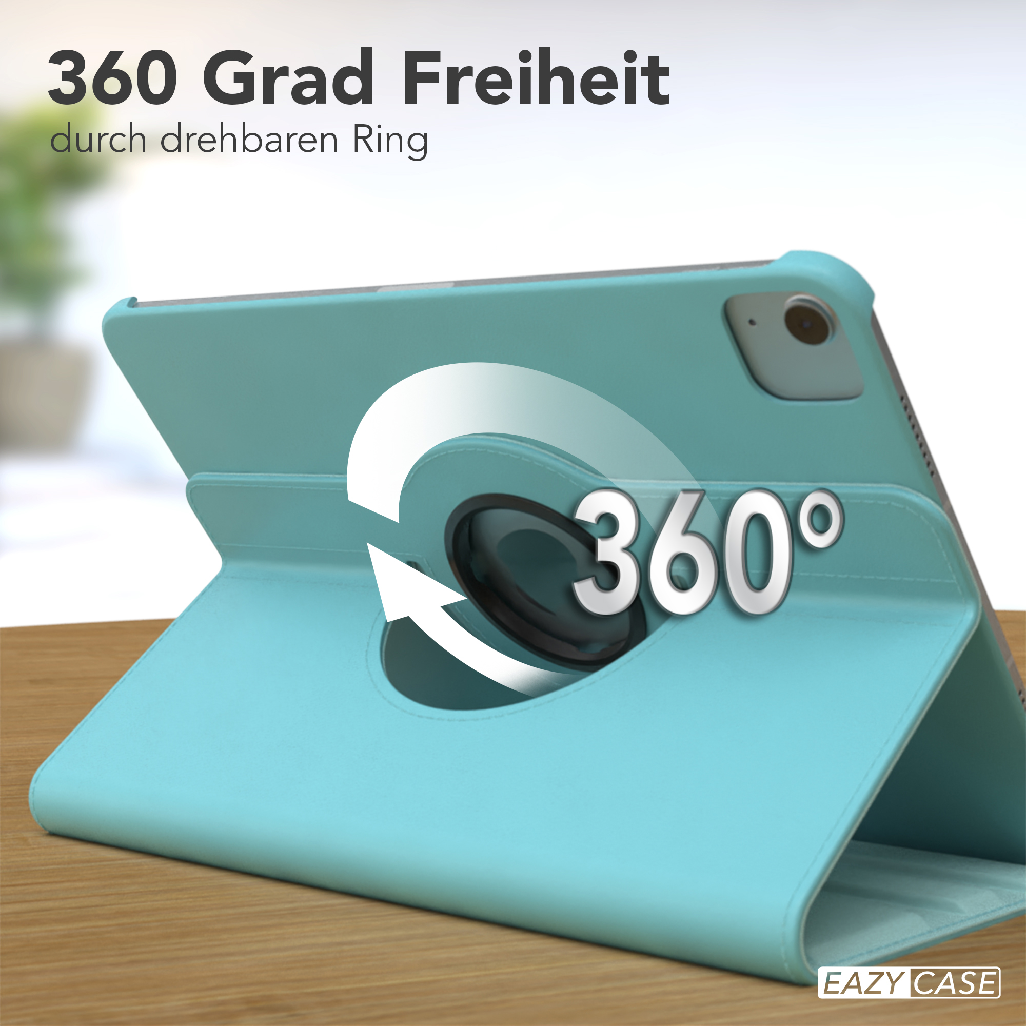 Eine blaue Tablethülle mit einem Drehring. Es steht auf einem Holztisch mit einem weißen Pfeil und dem Wort '360°'.