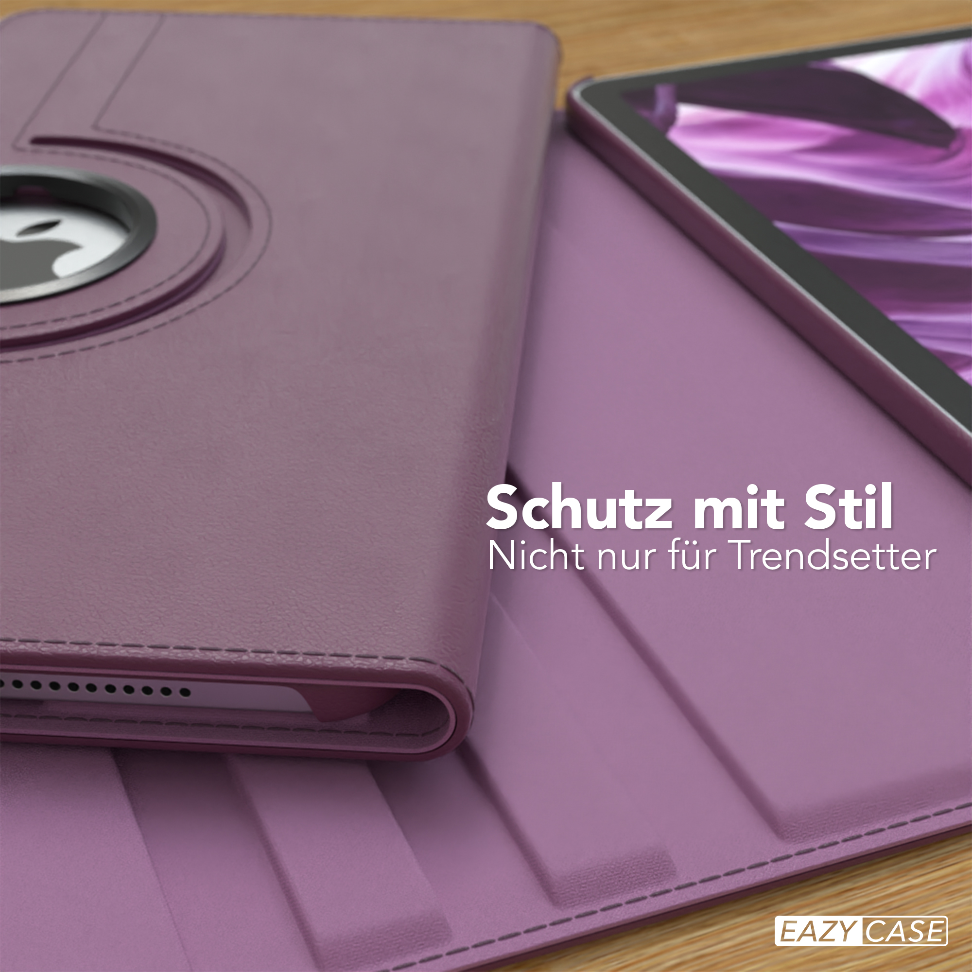 Lila Tablethülle, teilweise geöffnet, mit Tablet darin. Text: Schutz mit Stil, Eazy Case Logo.