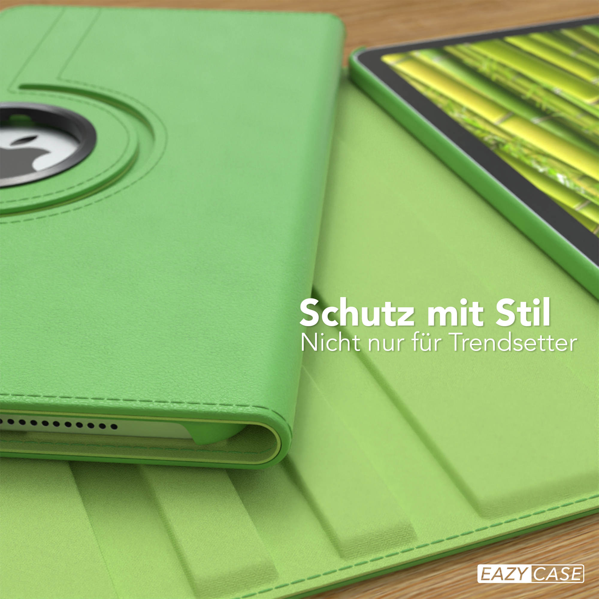 Grüne Tablethülle mit teilweise geöffnetem Tablet. Die Hülle zeigt den Markennamen und den Tablet-Bildschirm.