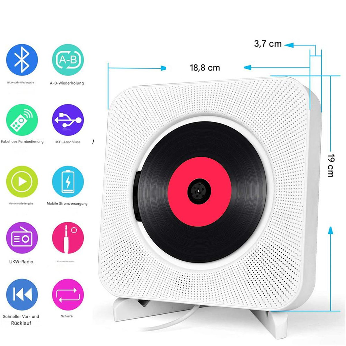 Ein weißer Musikplayer mit rotem Vinyl-Schallplattendesign, mit Abmessungen und Funktionssymbolen darum herum.