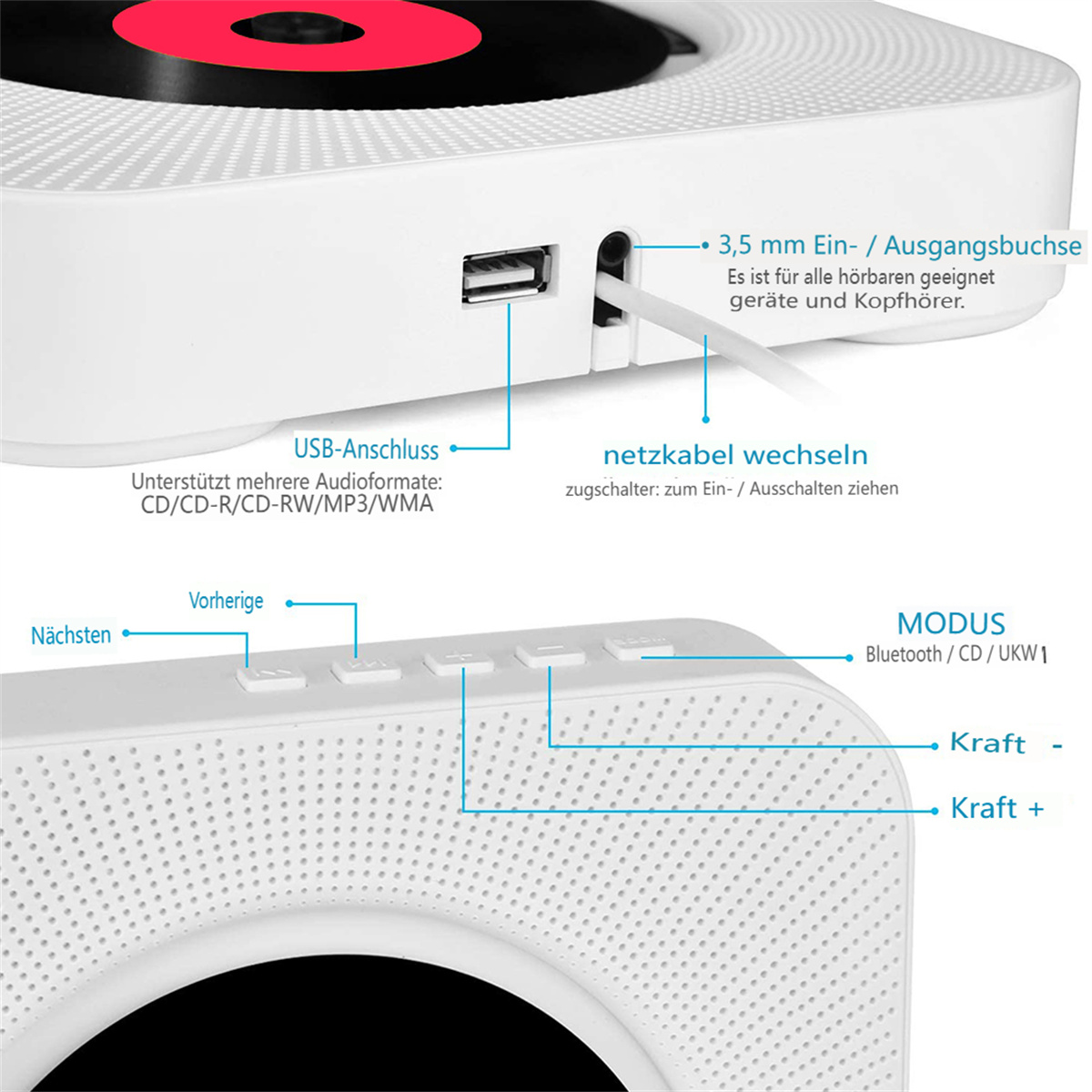 Weißer CD-Player mit USB-Anschluss, verschiedenen Knöpfen und weißem Kabel.