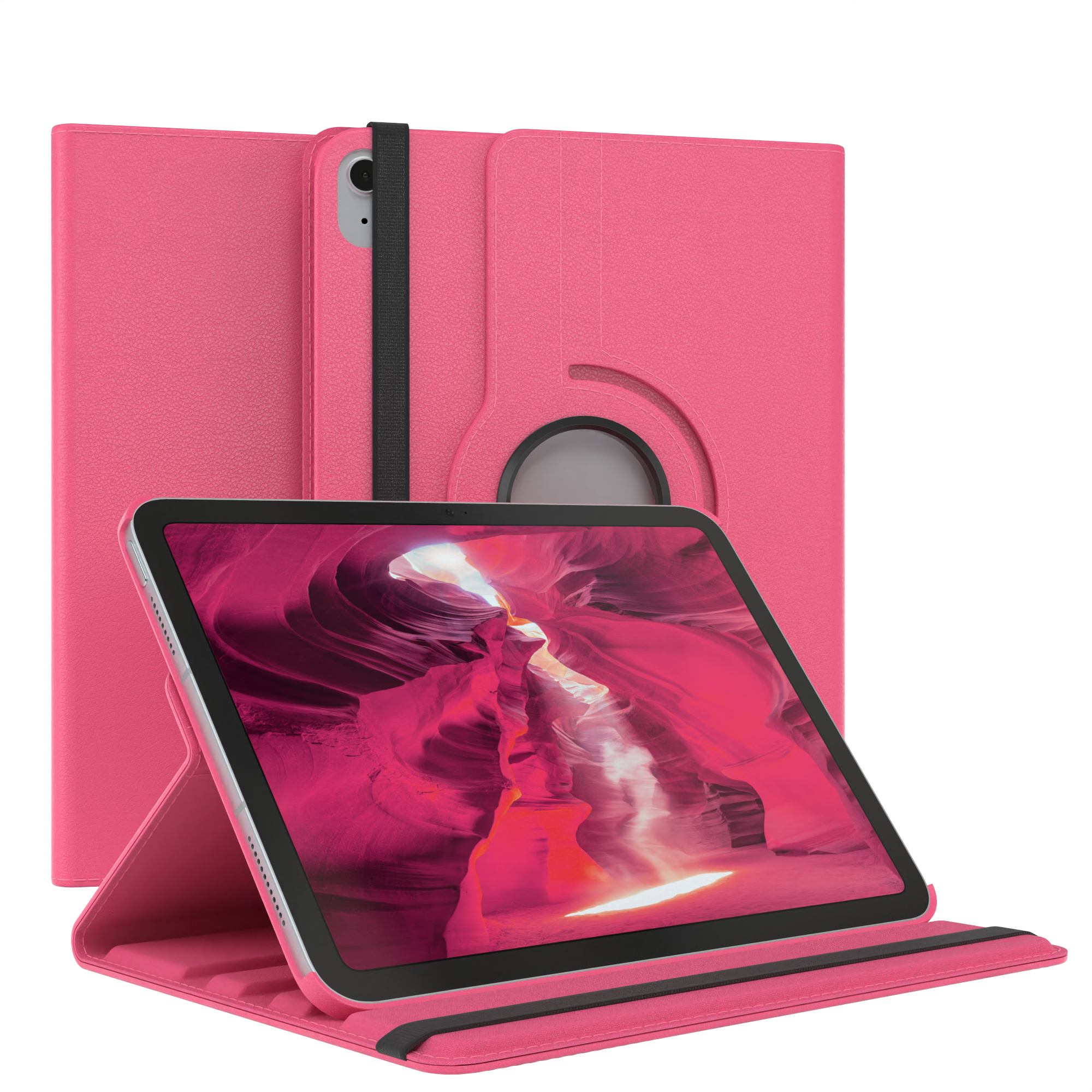 Rosa Tablethülle mit Tablet, das eine Schlucht zeigt.