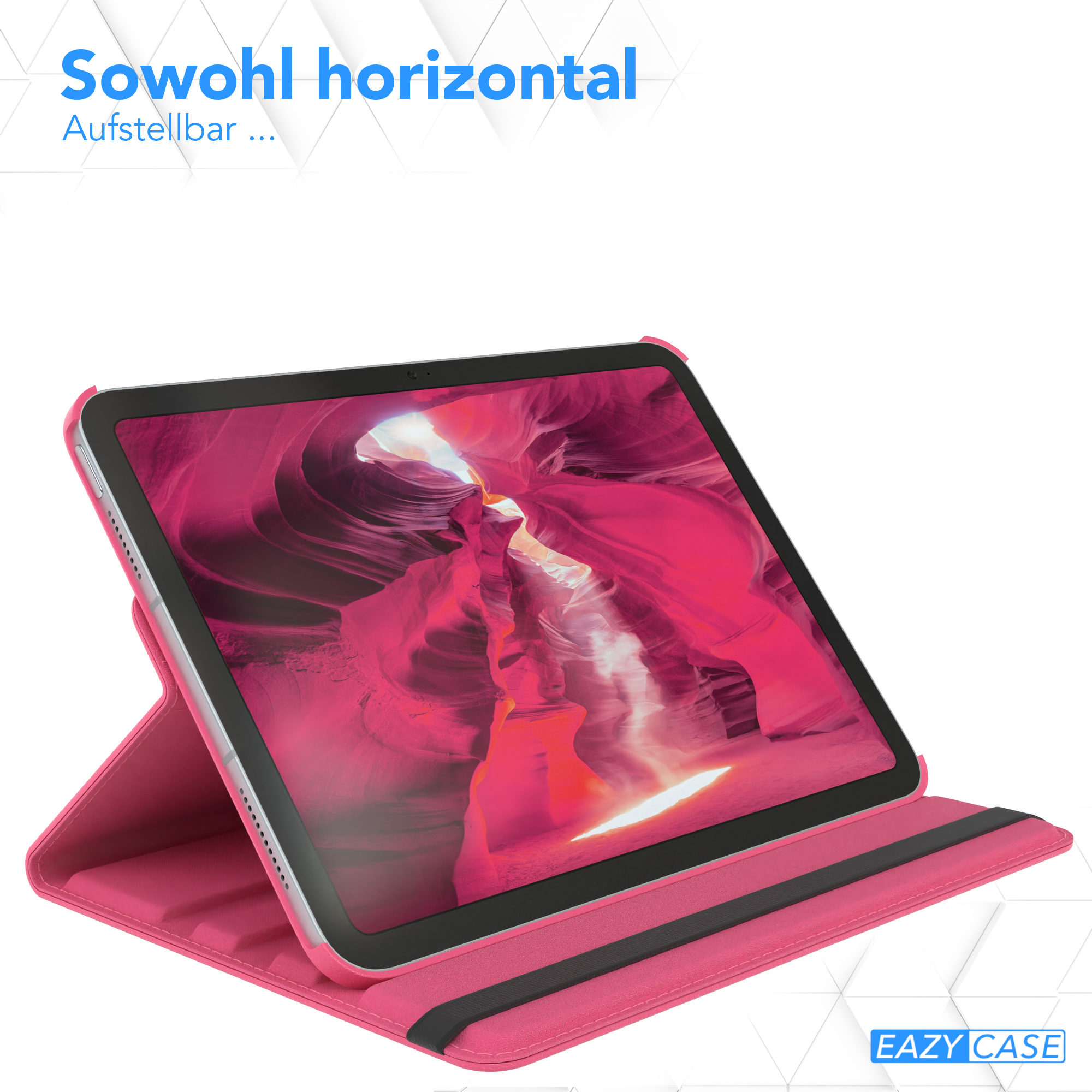 Pinkfarbene Tablethülle im geöffneten Zustand, zeigt das Tablet. Text gibt an, dass es horizontal stehen kann.