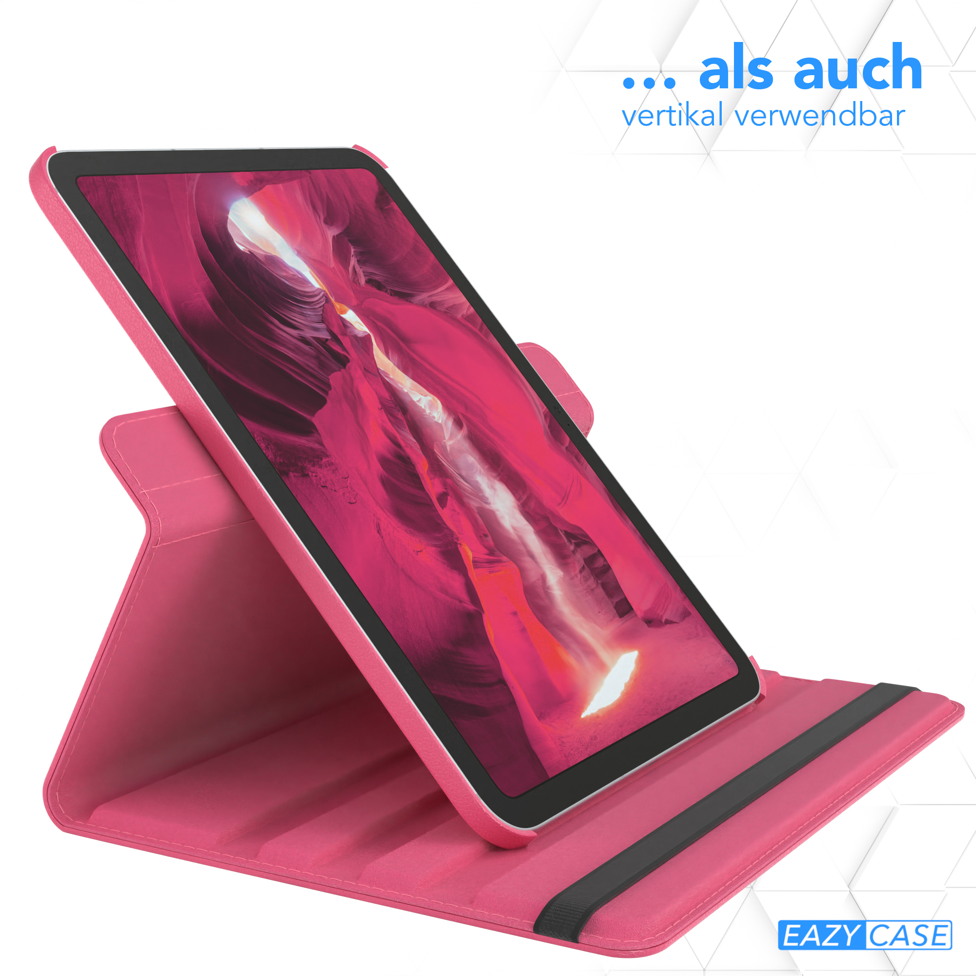 Ein pinkfarbenes Tablet in einer pinkfarbenen Hülle, zum Betrachten hochgestellt. Ein schwarzes Gummiband ist sichtbar.