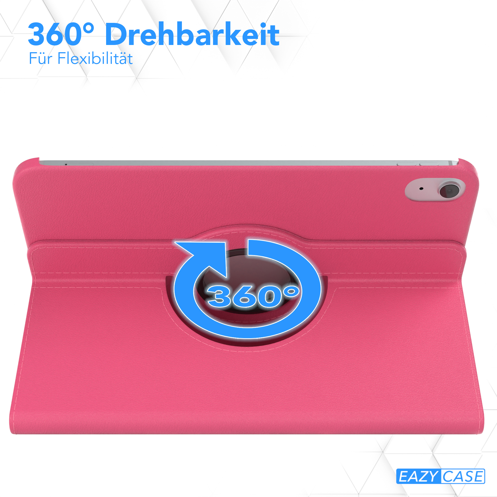 Rosa Tablethülle mit 360-Grad-Drehfunktion. Die Hülle ist geöffnet und zeigt das Innere.