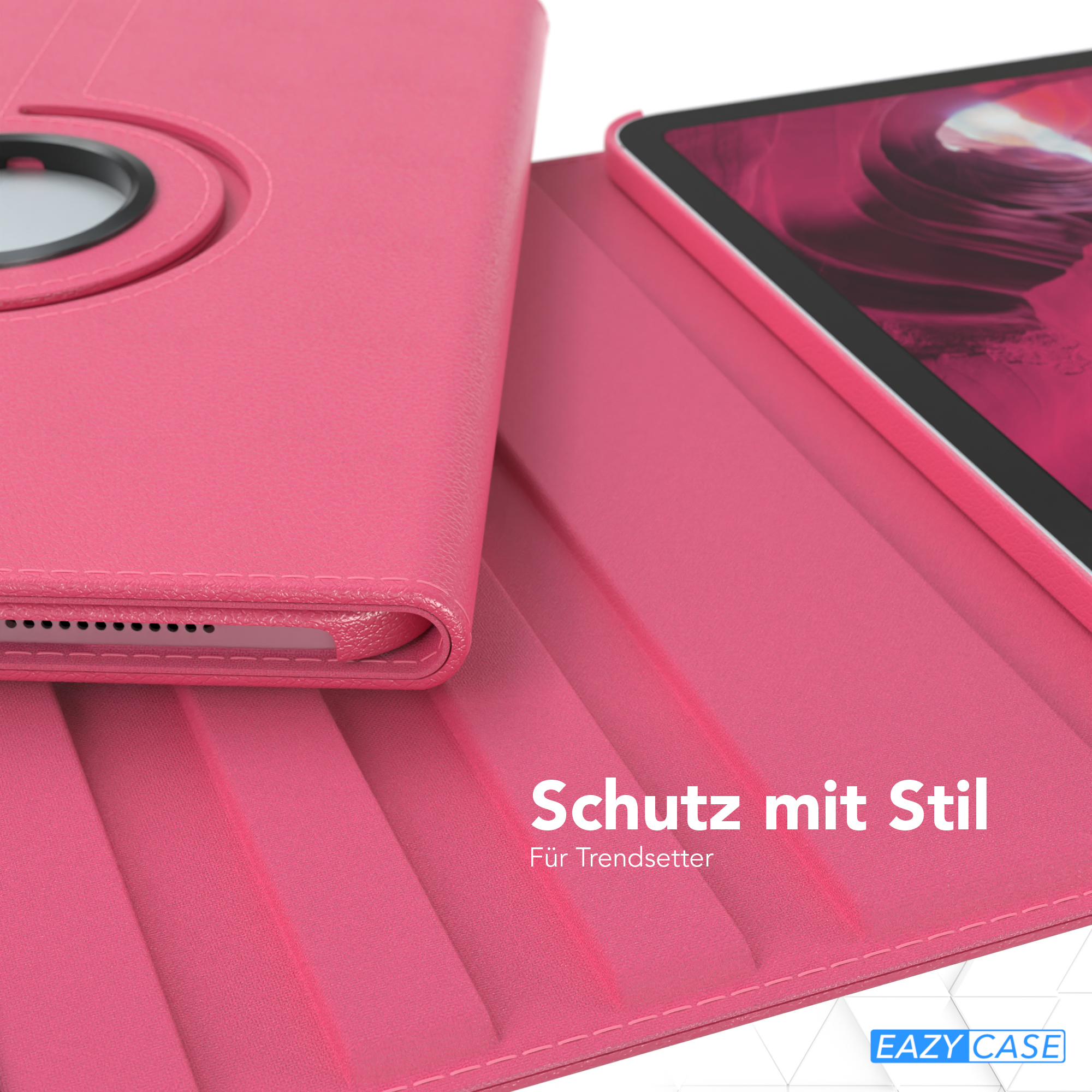 Pinkes Tablet-Case, offen, mit Tablet darin.