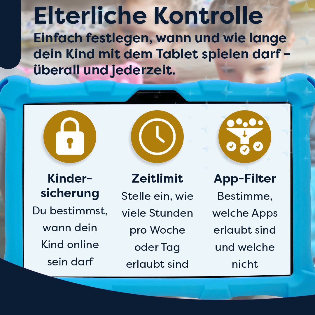 Ein blaues Tablet mit Benutzeroberflächensymbolen und Text über Kindersicherung.