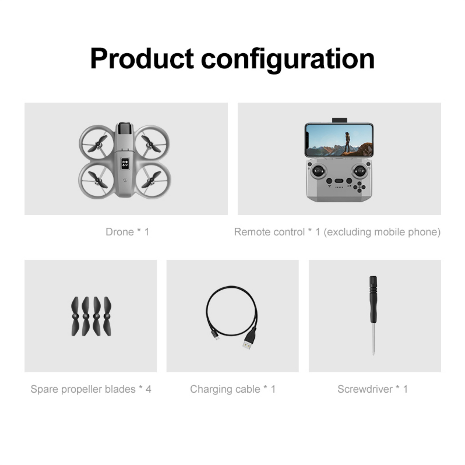 Produktkonfiguration: Drohne, Fernbedienung, Ersatzblätter, Ladekabel, Schraubendreher.