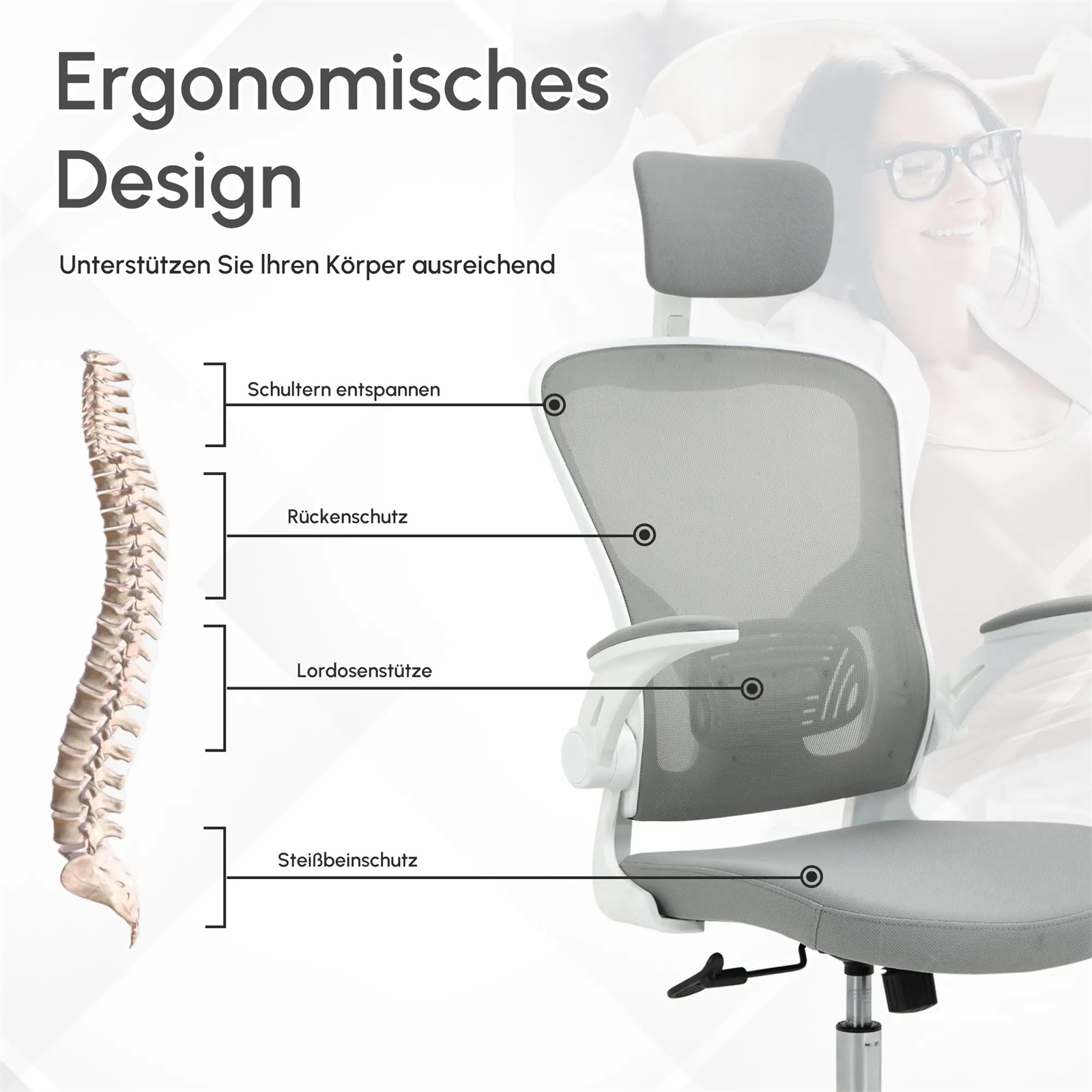 Ergonomischer Bürostuhl mit Wirbelsäulenunterstützung, Diagramm und Frauensilhouette.