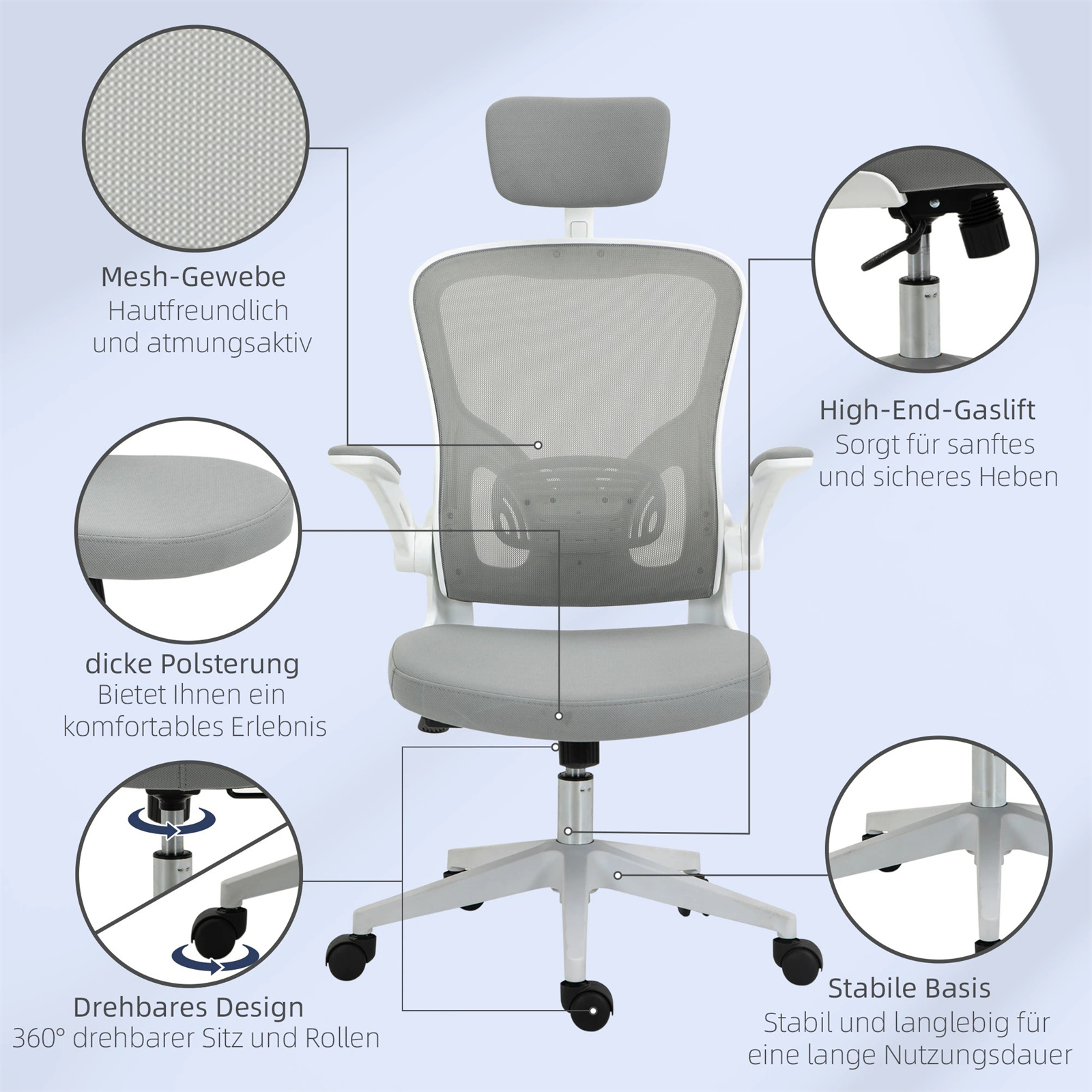 Ergonomischer Bürostuhl in Grau mit Netzrücken, Armlehnen und verstellbaren Funktionen.