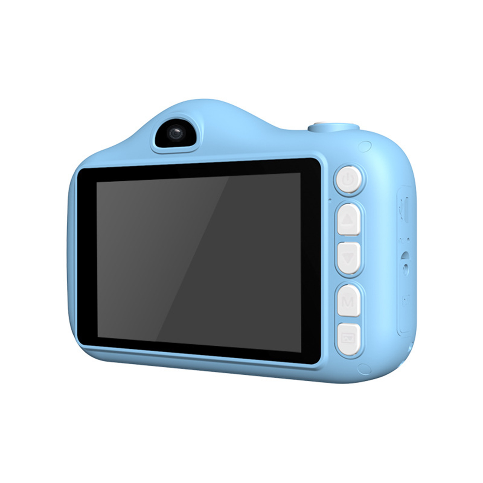 Eine hellblaue digitale Kinderkamera mit Knöpfen und einem Display mit schwarzem Bildschirm.