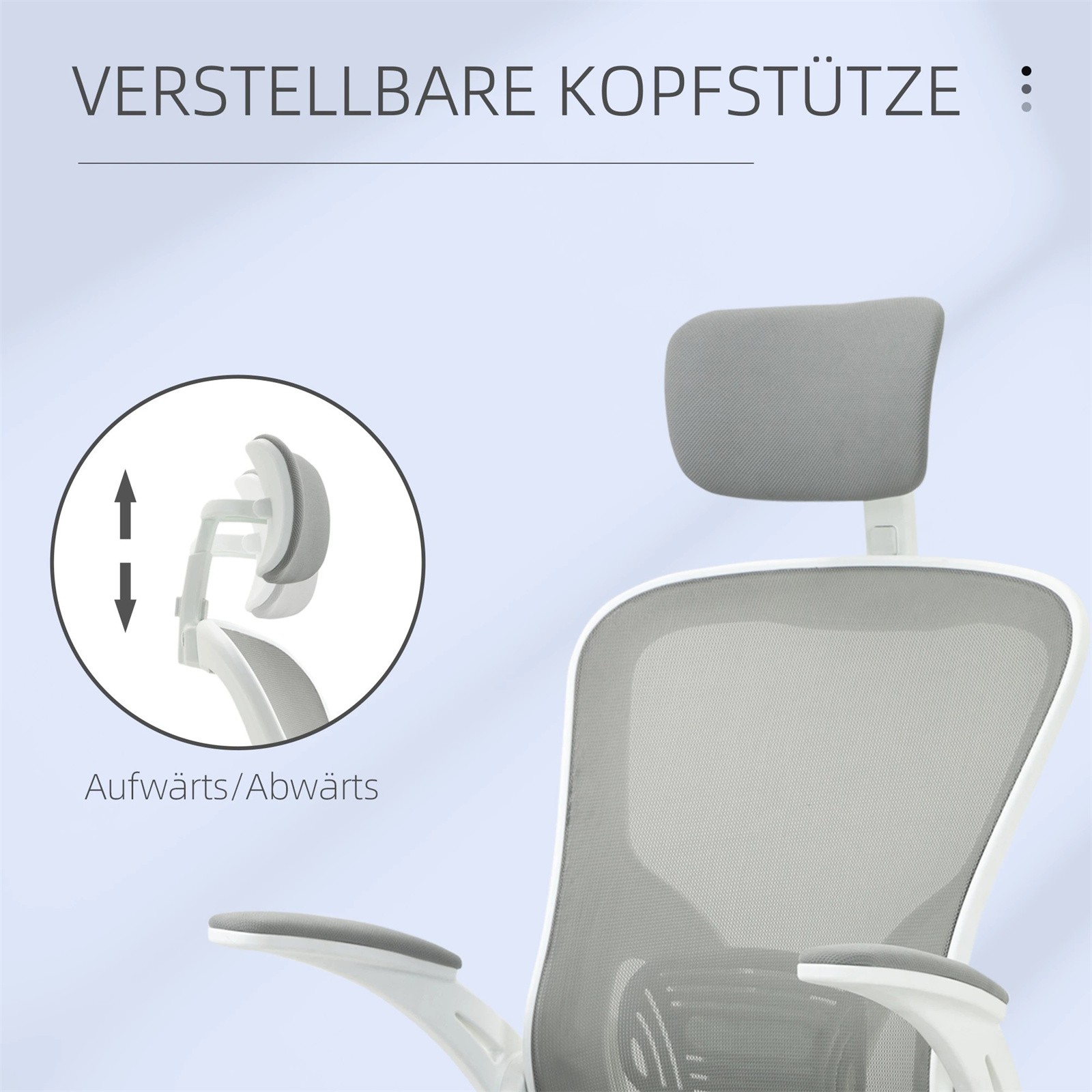 Bürostuhl-Kopfstütze mit verstellbarer Höhe, die Auf- und Abwärtspfeile zeigt.