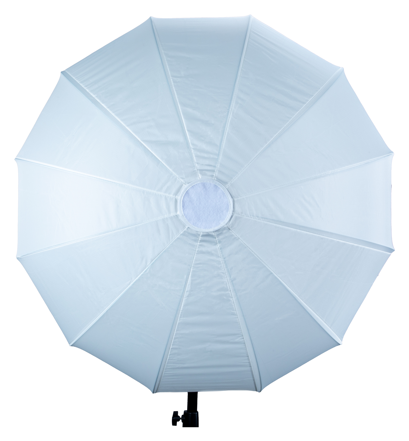 Weißer, achteckiger Softbox für Fotografie, mit zentraler Lichtquelle.