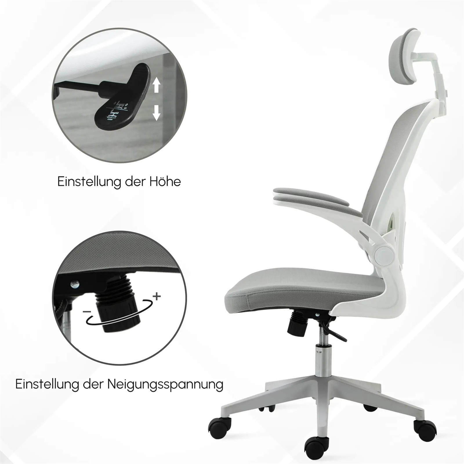 Ein ergonomischer Bürostuhl mit Kopfstütze und verstellbaren Funktionen.