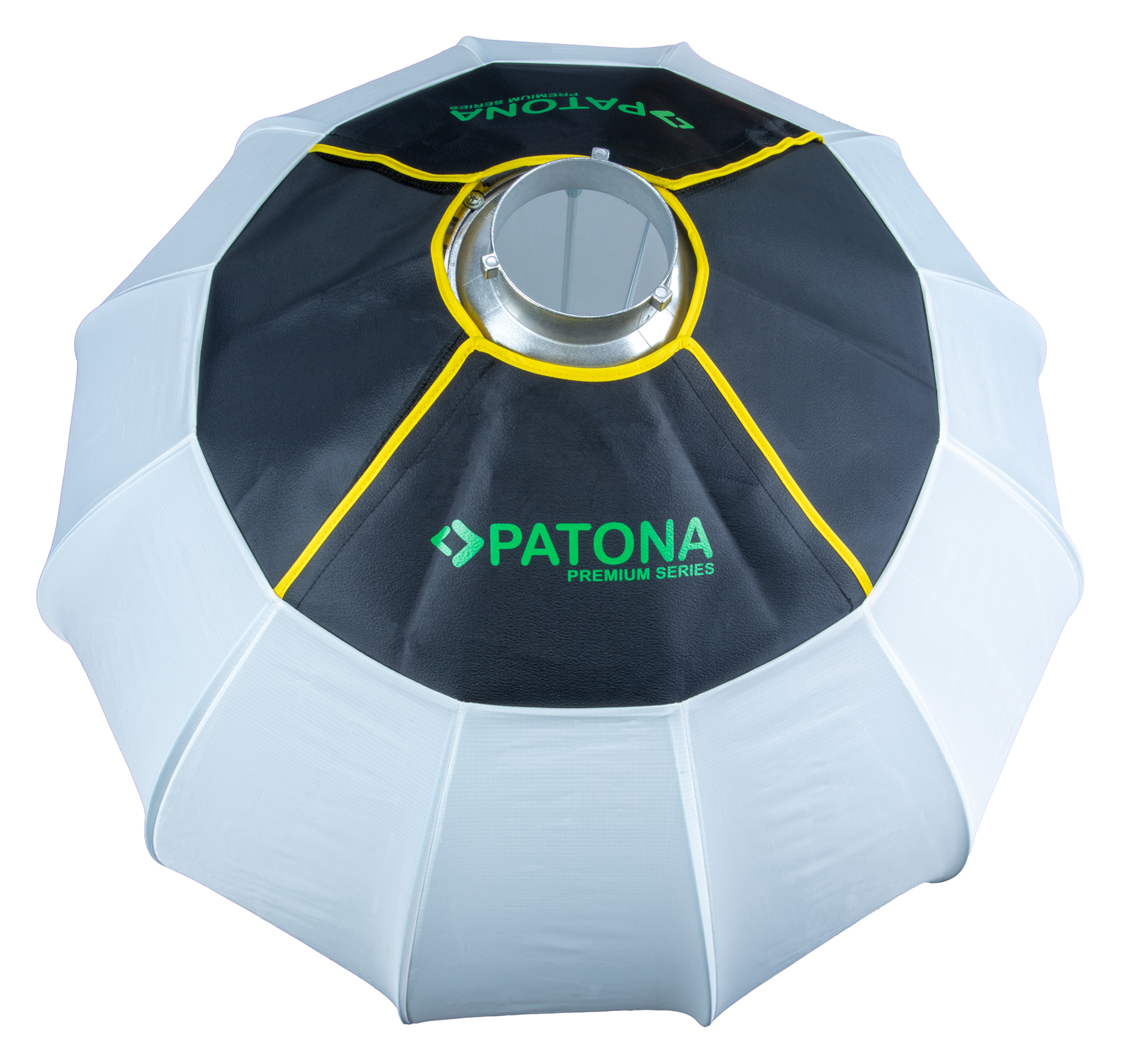 Ein Studiolicht in Schirmform mit schwarz-weißem Design und dem Logo "PATONA".