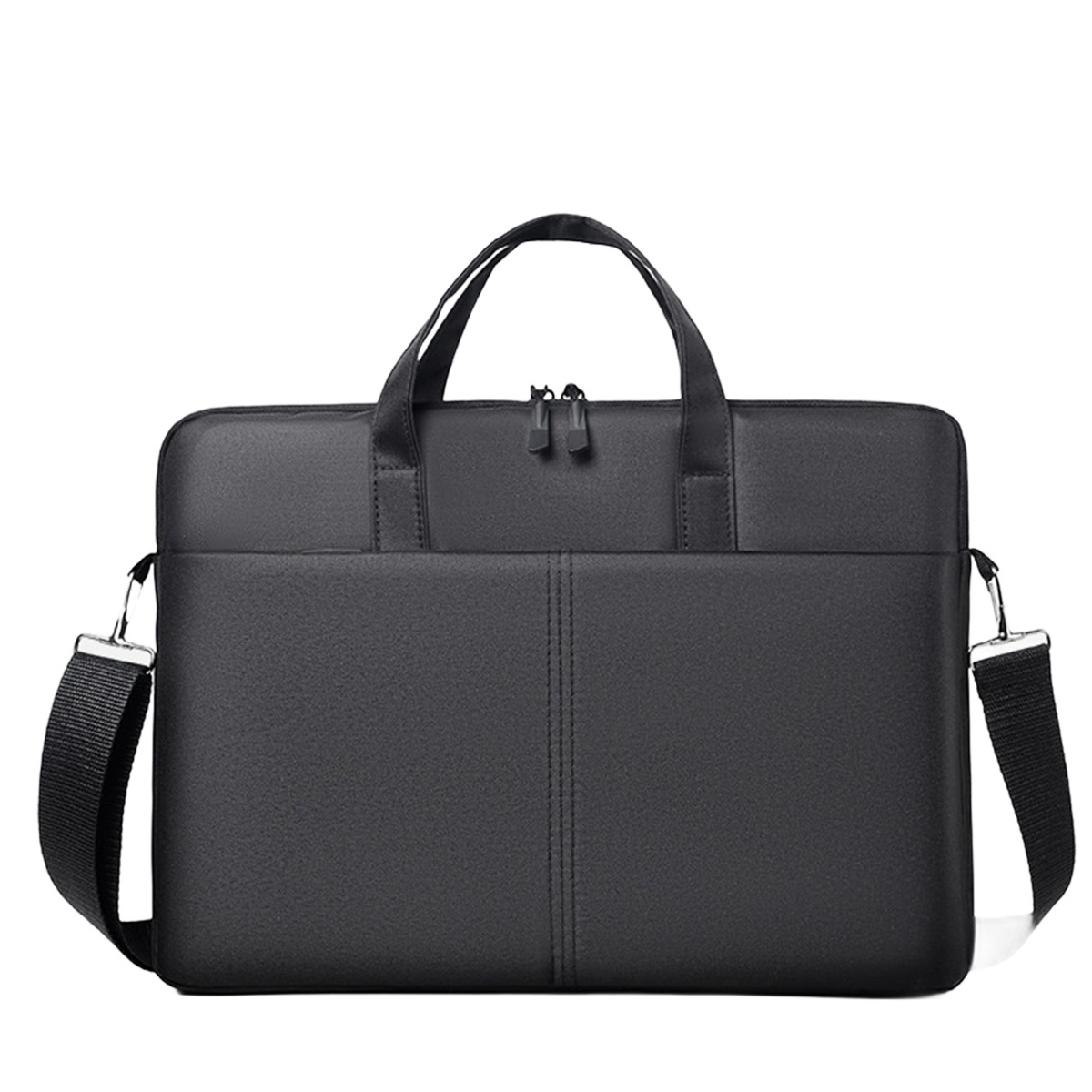 Eine schwarze Laptoptasche mit Griff und Schultergurt auf weißem Hintergrund.