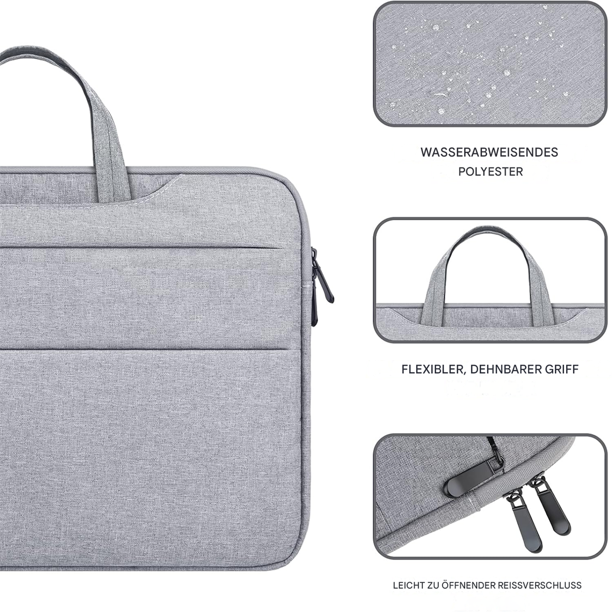 Eine hellgraue Laptoptasche mit Taschen und Reißverschlüssen. Nahaufnahmen zeigen das Material, den Griff und die Reißverschlüsse.