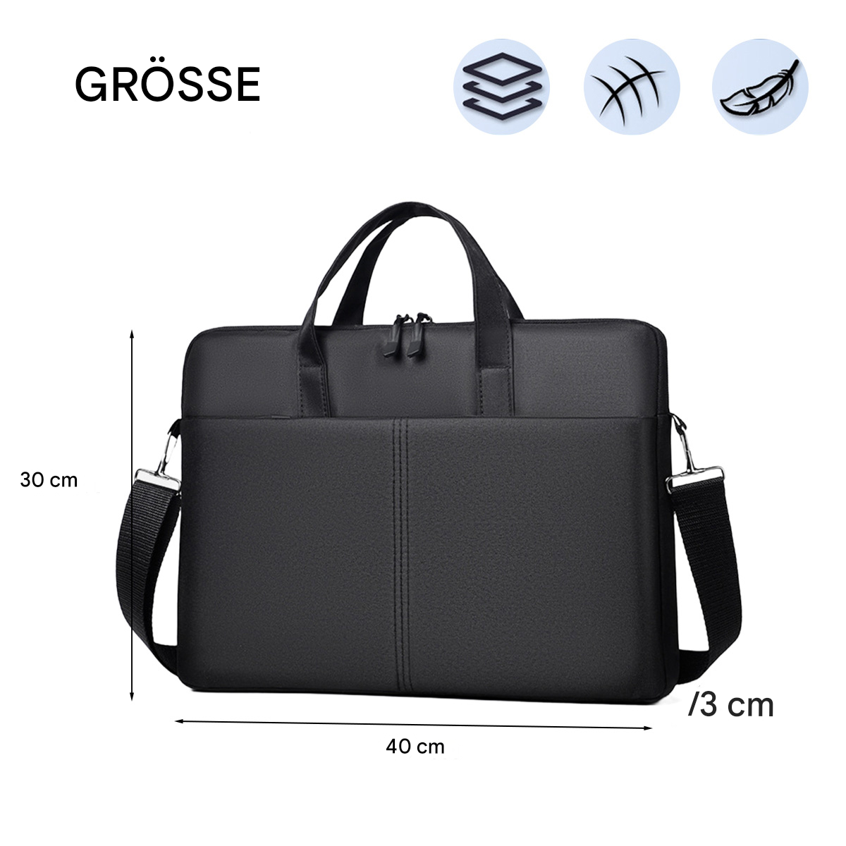 Schwarze Laptoptasche mit Schultergurt und beschrifteten Abmessungen: 40 cm x 30 cm x 3 cm, mit Symbolen.