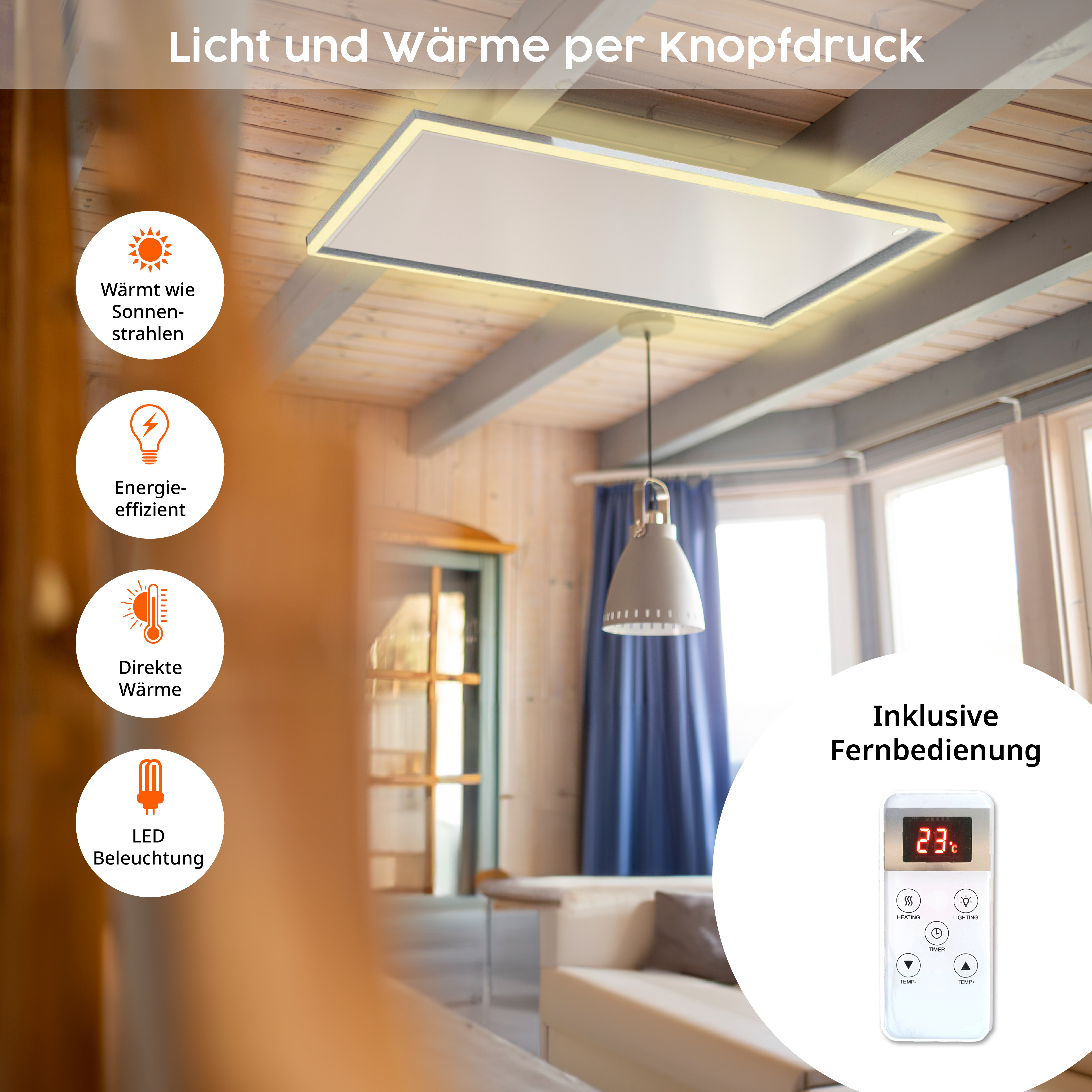 Eine Deckenheizplatte mit Fernbedienung, die Licht- und Heizfunktionen zeigt.
