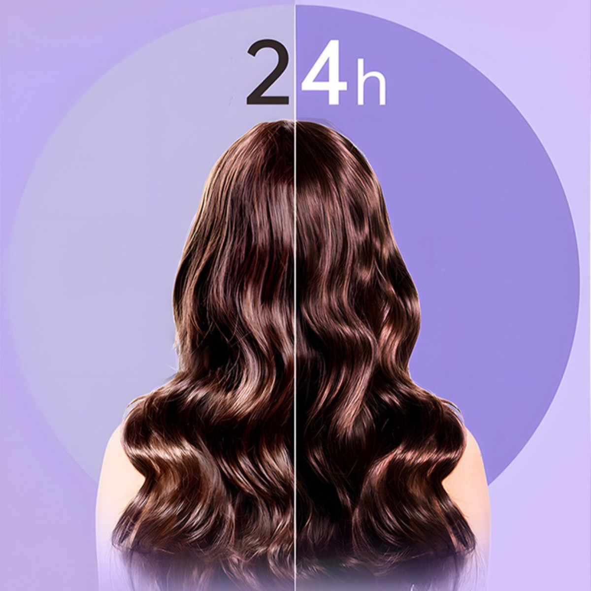Zwei Hälften der Haare einer Frau, eine gestylt, eine nicht. Text: 24h. Lila Hintergrund.