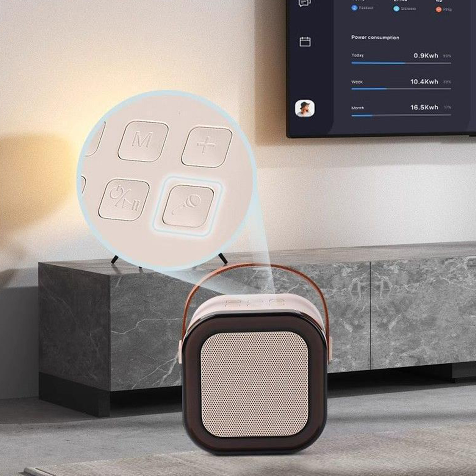 Tragbarer Lautsprecher, Knöpfe und ein Fernseher mit Energieverbrauch.
