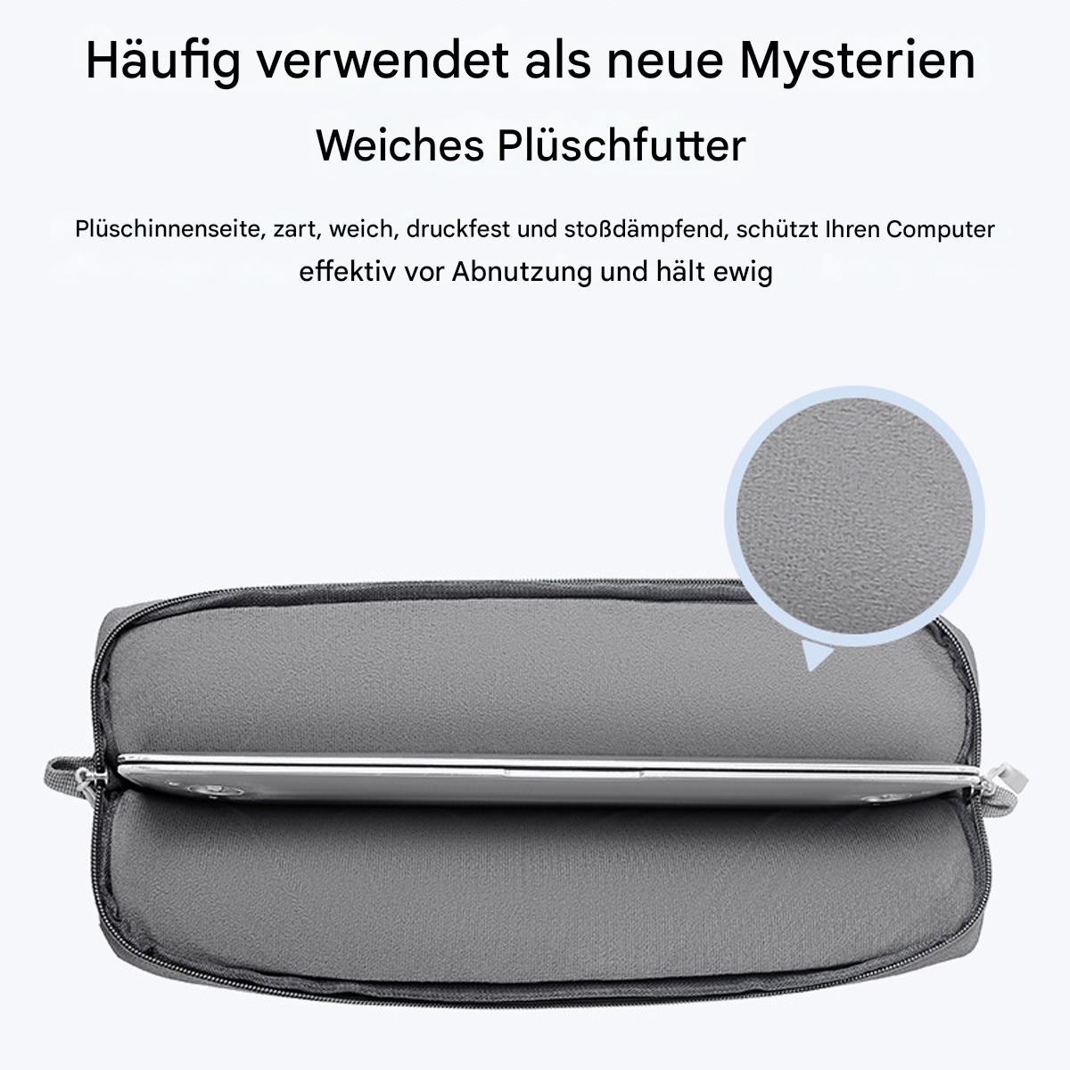 Offene graue Laptop-Hülle. Die Innenseite ist weich. Eine Nahaufnahme zeigt die Textur des weichen Futters.