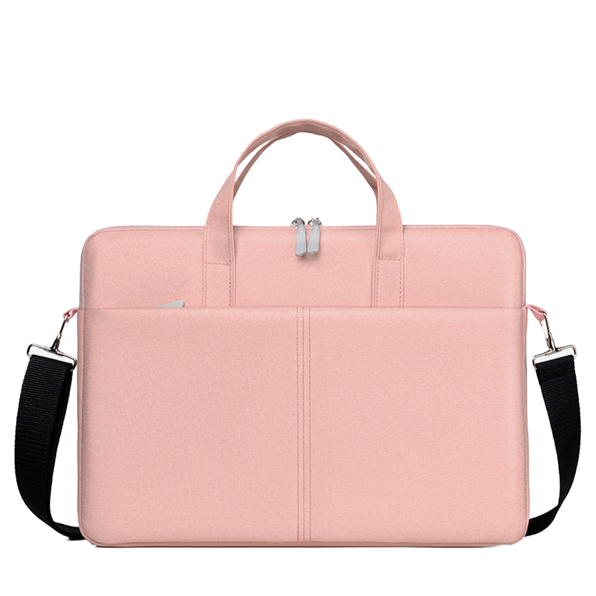 Rosa Laptoptasche mit Schultergurt und Reißverschluss. Zwei Fächer.