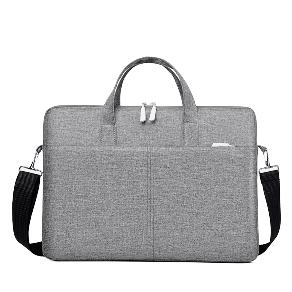 Eine graue Laptoptasche mit Griffen, Schultergurt und einer Vordertasche, auf weißem Hintergrund.