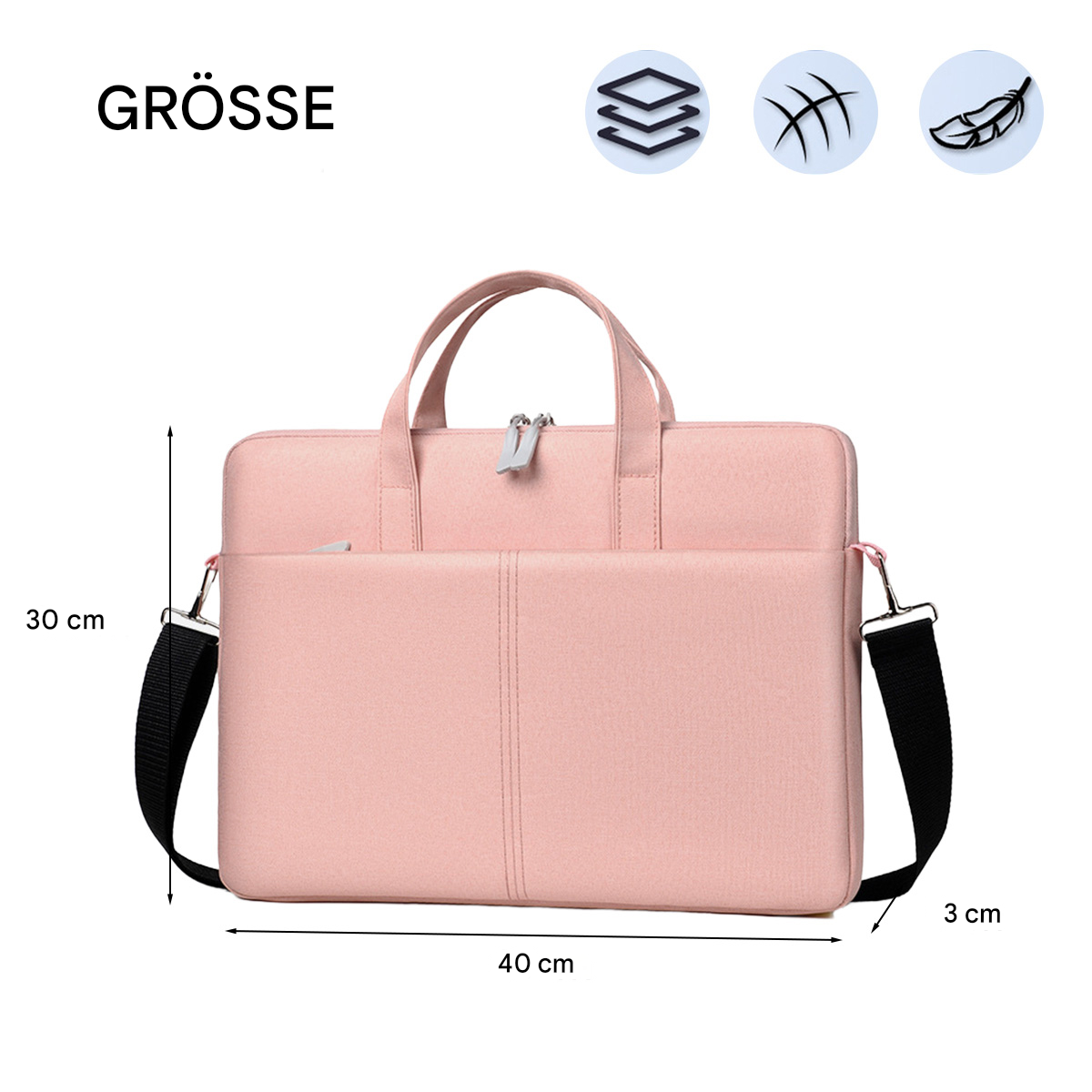 Rosa Laptoptasche mit Griff und Riemen, Abmessungen werden angezeigt.