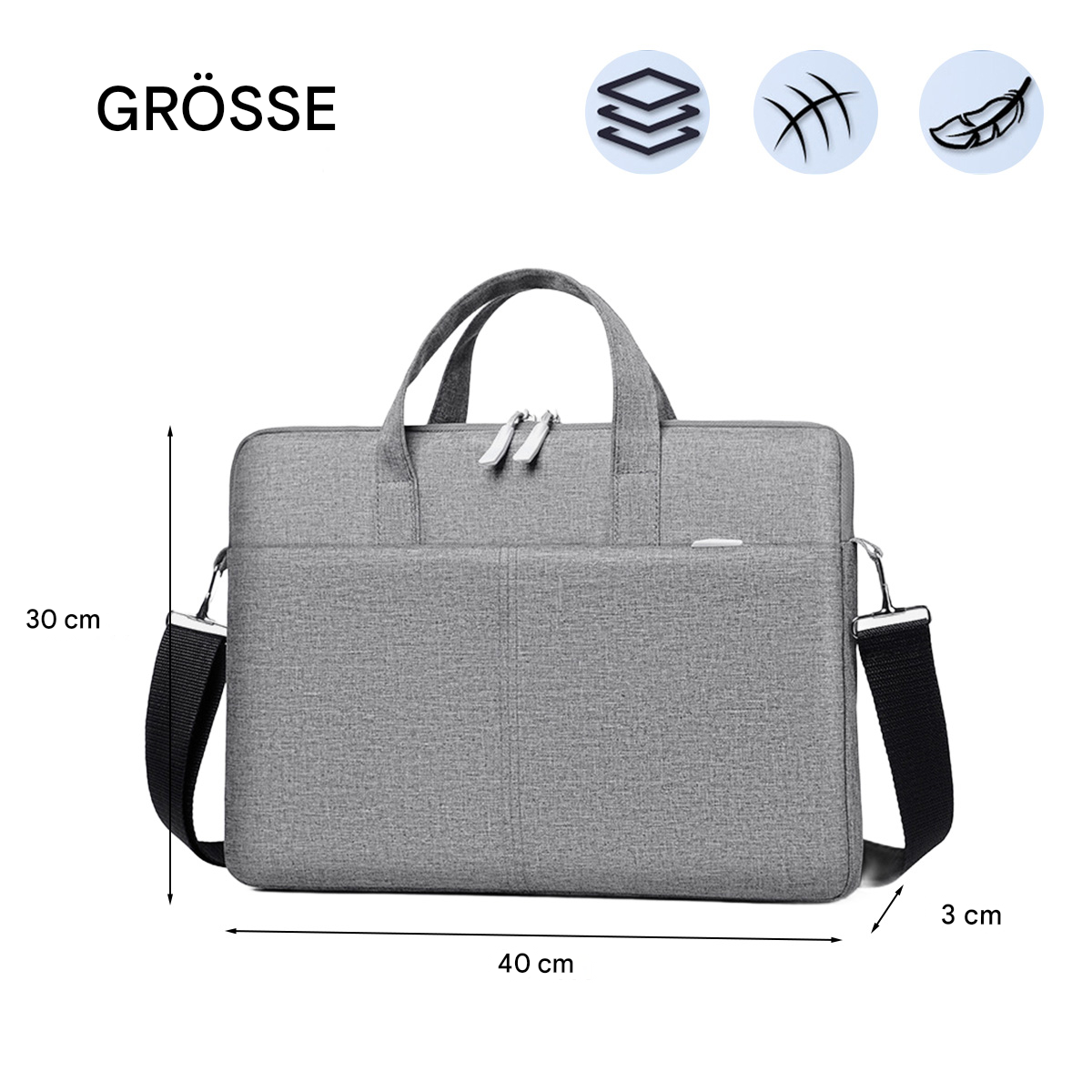 Graue Laptoptasche mit Abmessungen und Symbolen, isoliert auf weißem Hintergrund.
