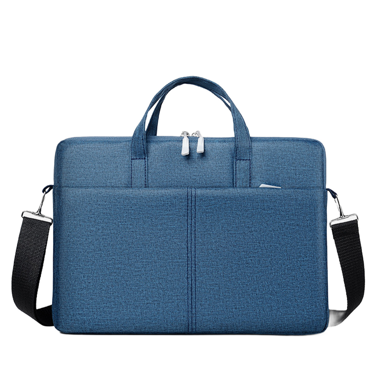 Eine blaue Laptoptasche mit Griffen und Schultergurt, weißer Hintergrund.