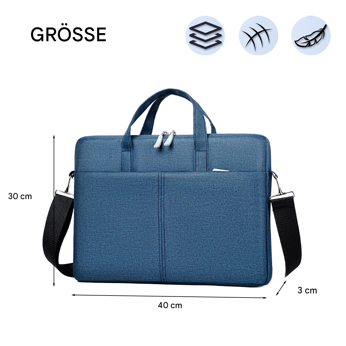 Blaue Laptoptasche mit Griff und Schulterriemen, Maße: 30x40x3 cm.