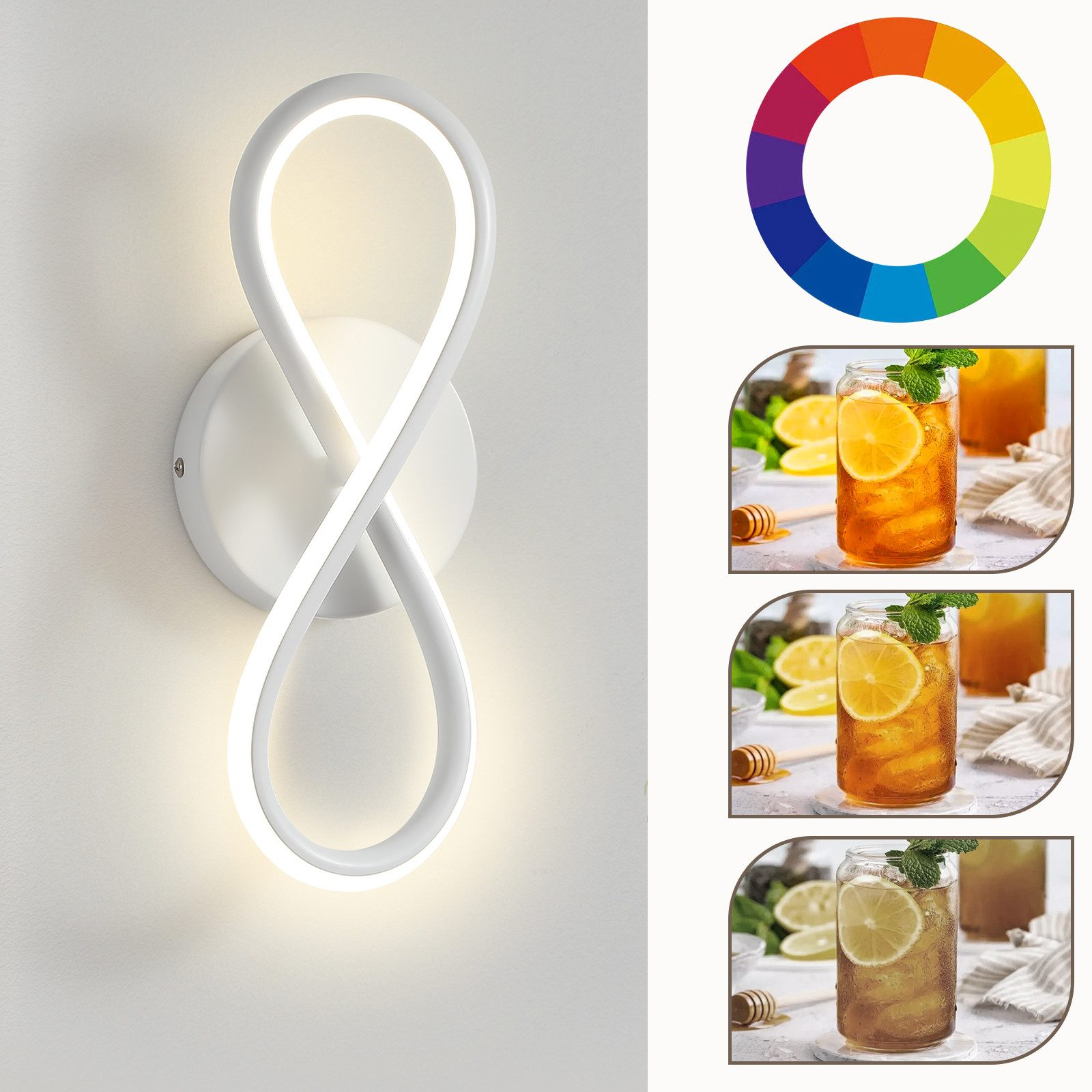 Applique bianca con design a simbolo infinito. Vengono mostrate immagini di ruota dei colori e tè freddo.