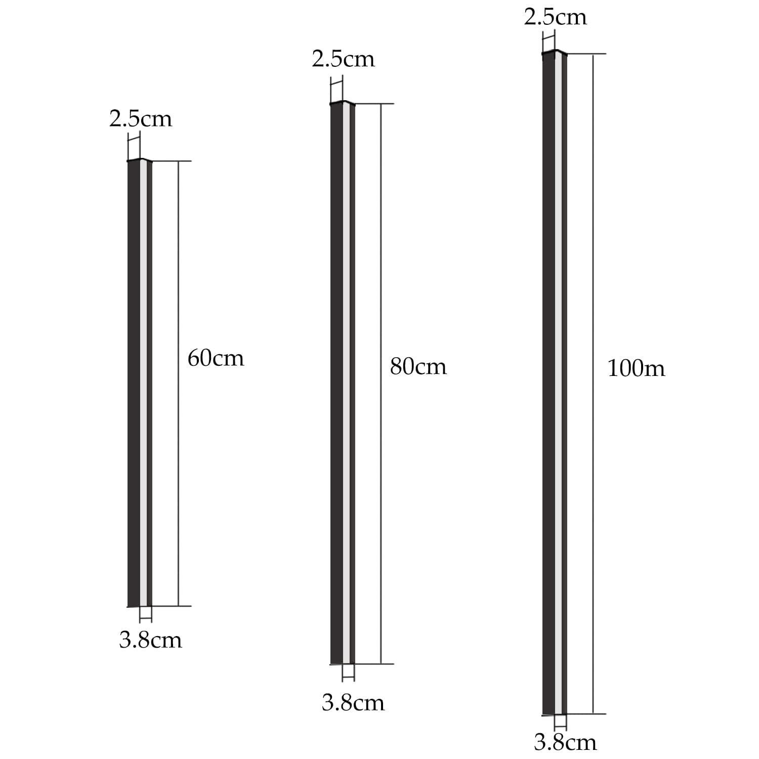 Diagramma di tre linee verticali con misure in cm: 60cm, 80cm e 100cm. Bianco e nero.