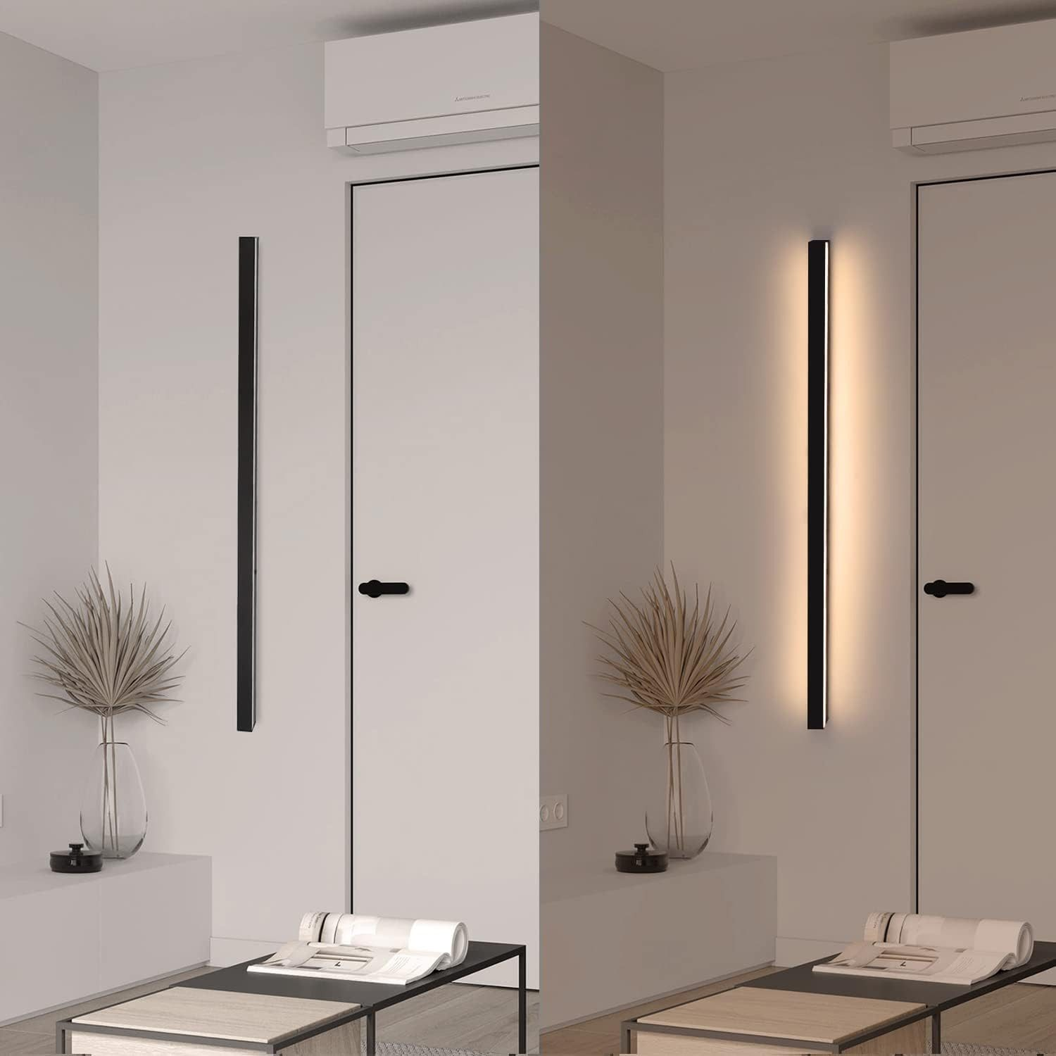 Due immagini. Un muro e una porta. La prima ha un apparecchio di illuminazione nero spento, la seconda, acceso. Una maniglia nera è sulla porta.