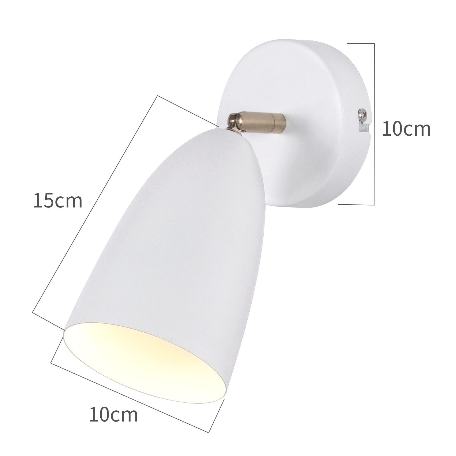 Una lampada da parete bianca con dimensioni indicate: 15 cm di lunghezza, 10 cm di testa, 10 cm di base.