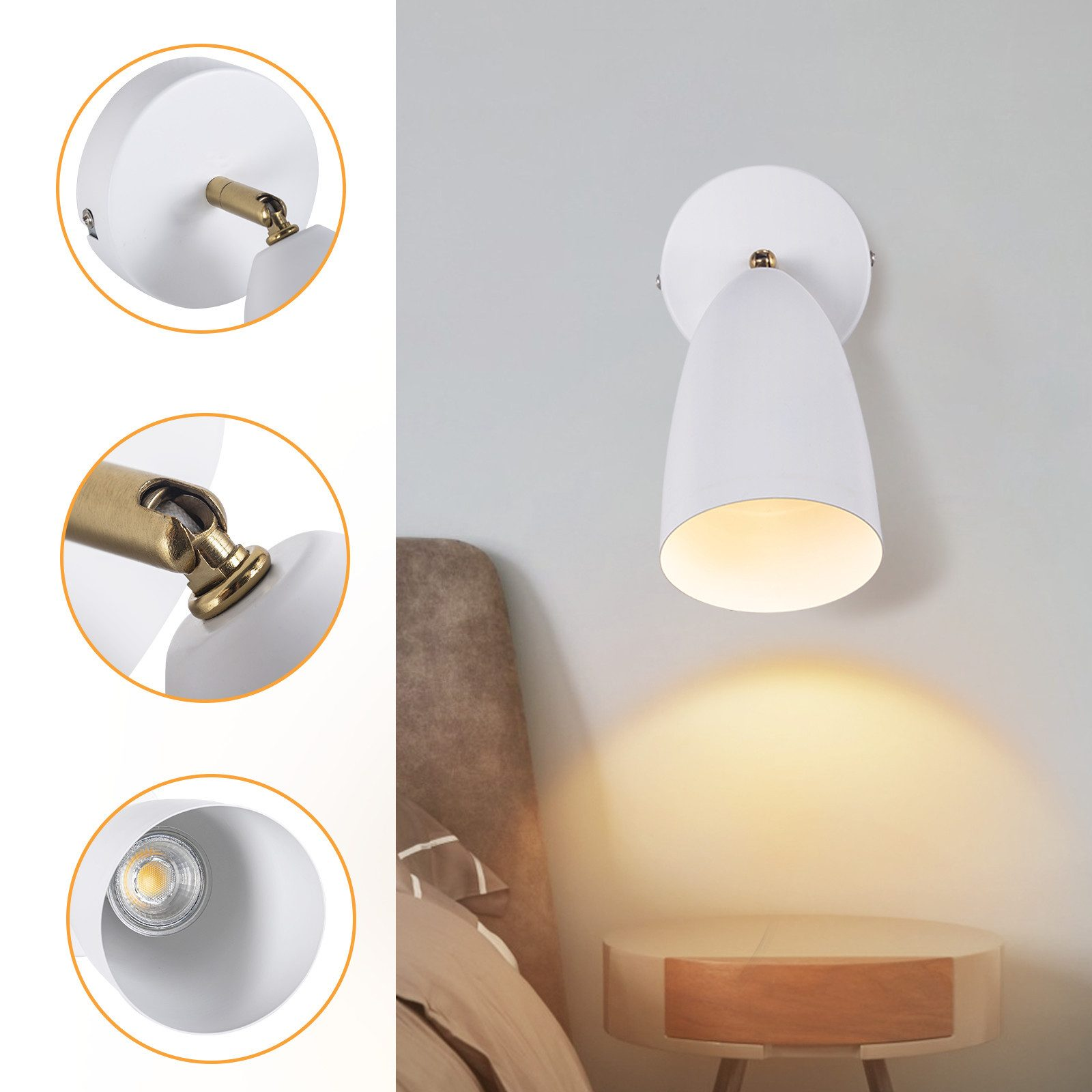 Applique bianca con luce focalizzata. I dettagli della lampada sono mostrati intorno all'immagine principale.