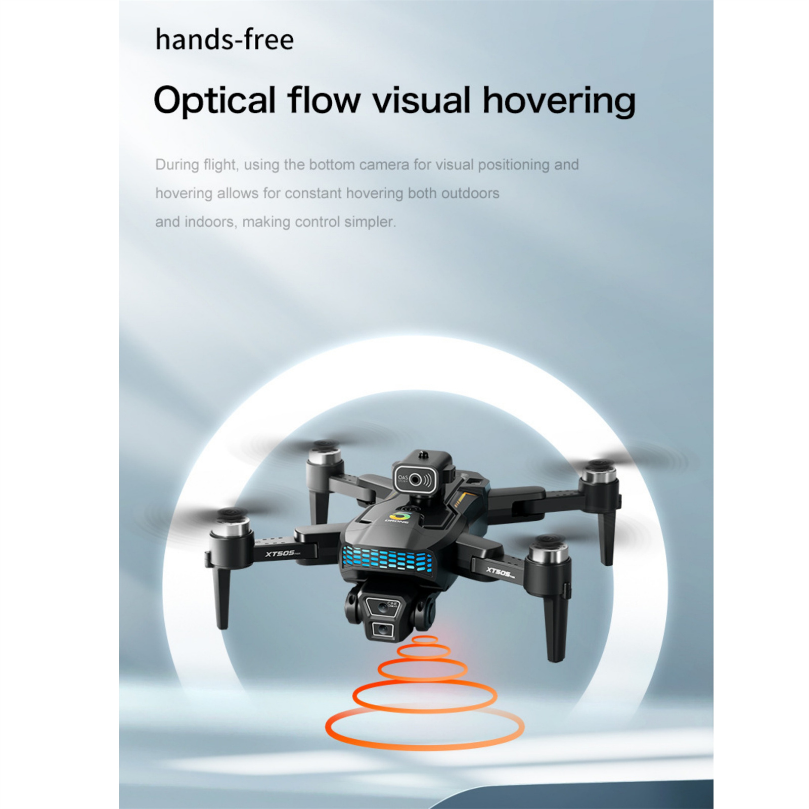 Eine schwarze Drohne wird in einem Studio gezeigt. Der Text hebt Funktionen wie visuelles Schweben und optischen Fluss hervor.