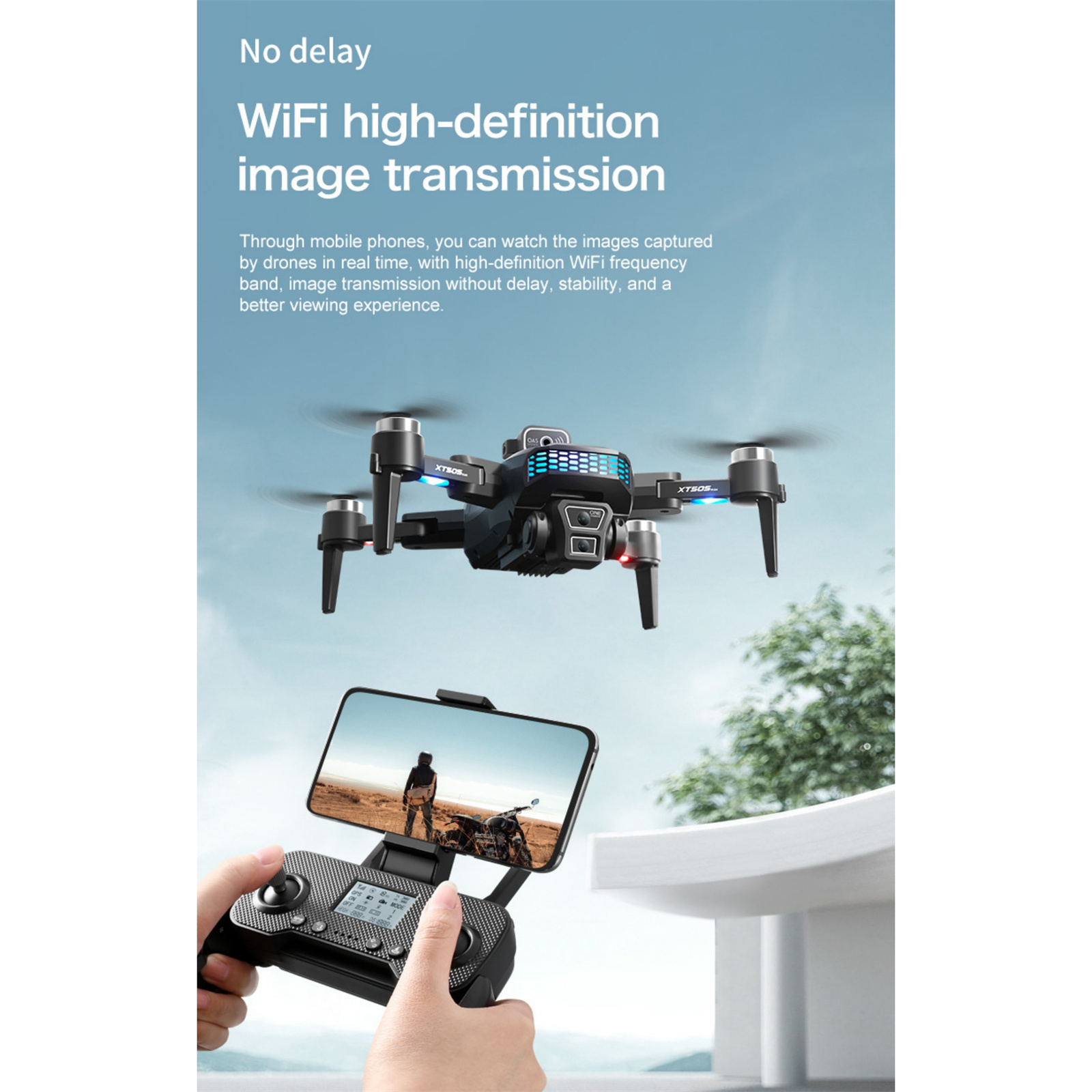 Drohne fliegt, Person hält Controller mit Live-Video-Feed der Drohne.