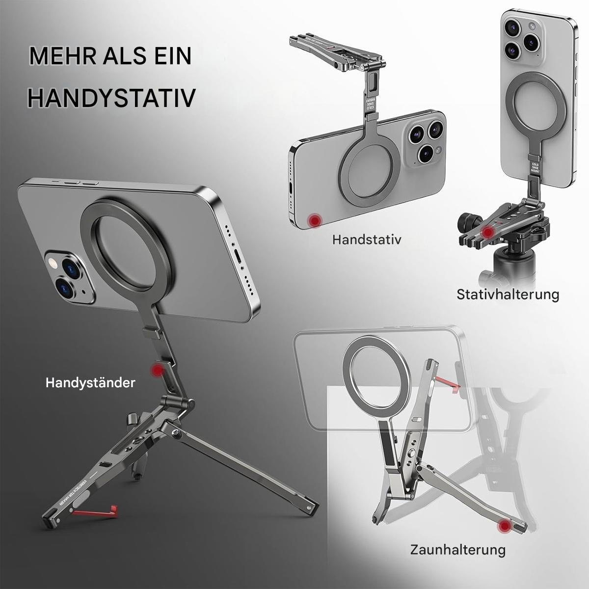 Ein silberner Telefonhalter in verschiedenen Konfigurationen, für Hand-, Stativ- und Zaunverwendung. Grauer Hintergrund.