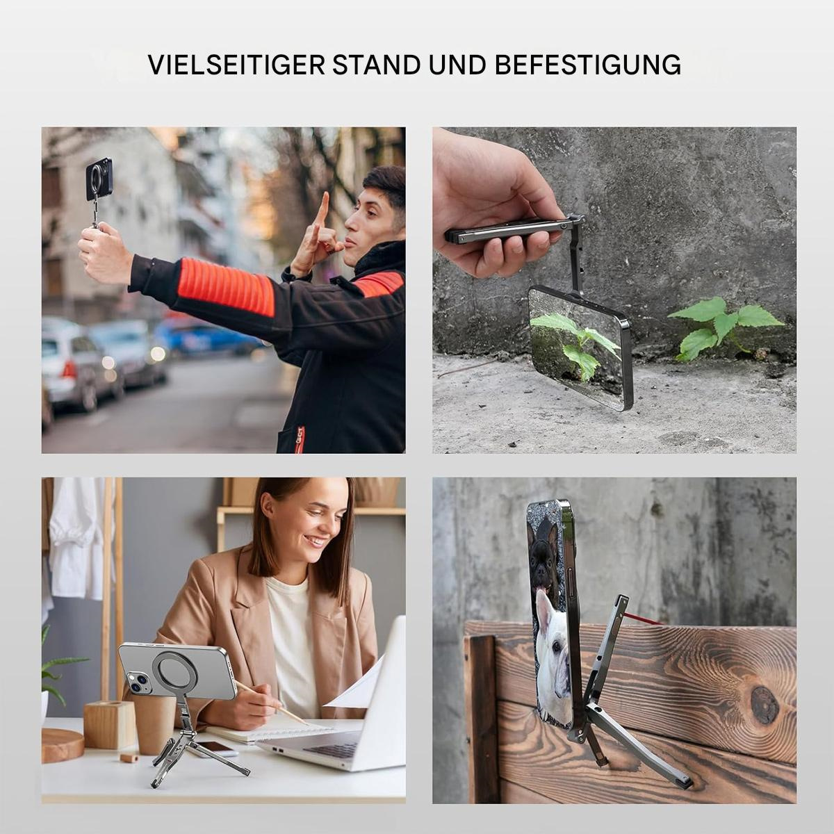 Vier Bilder, die die Handynutzung in verschiedenen Situationen mit einem Ständer zeigen.