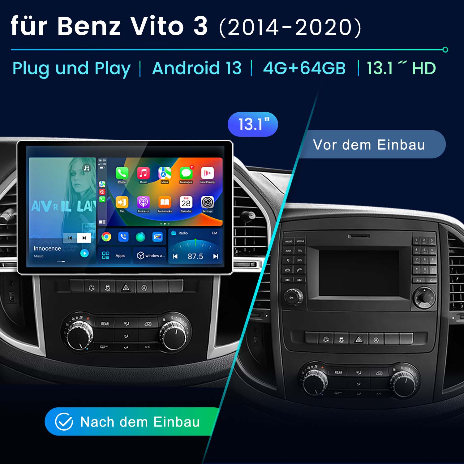 Ein Armaturenbrett mit einem neuen Android 13-Bildschirm. Es zeigt die Vorher- und Nachher-Installation auf dem Armaturenbrett.