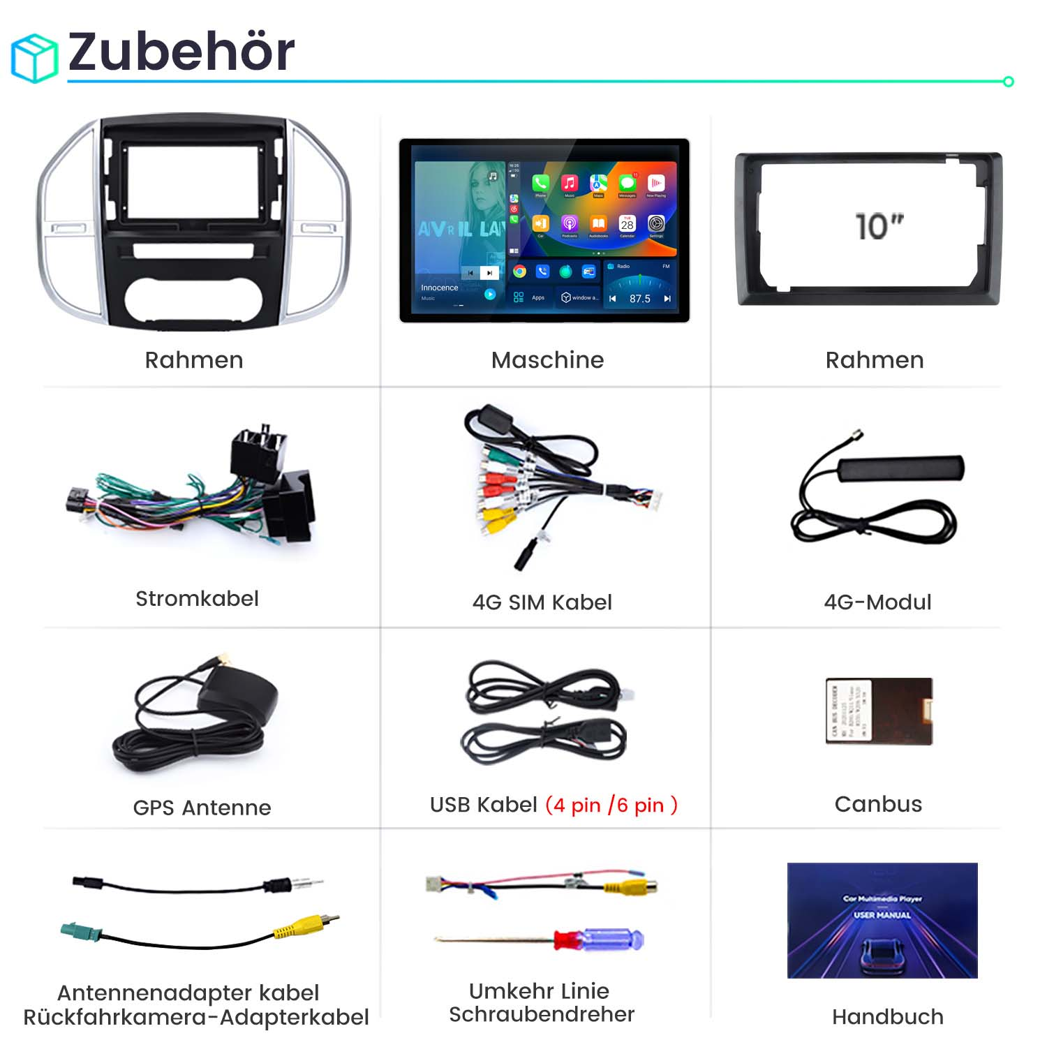 Verschiedene Autoradio-Komponenten, einschließlich Rahmen, Kabel und Bildschirm.