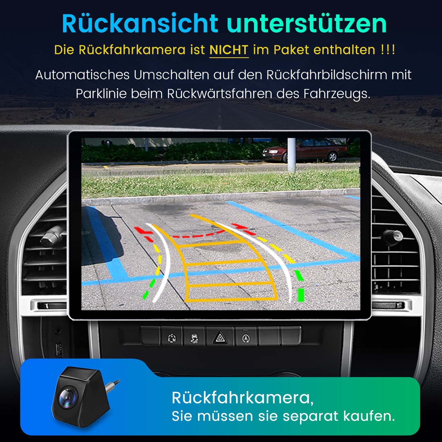 Das Armaturenbrett eines Autos zeigt einen Bildschirm mit einer Parkhilfe. Unten eine Kamera.