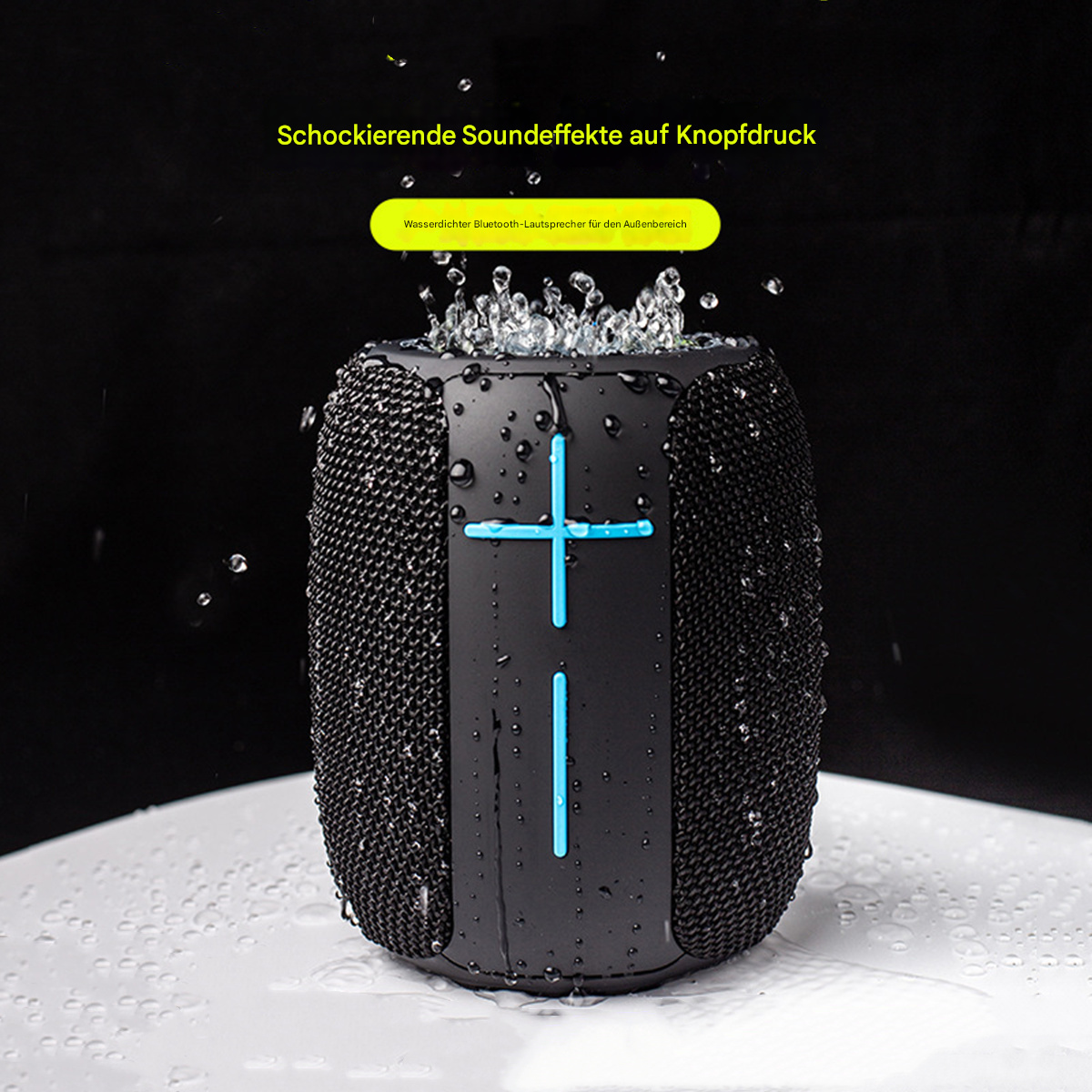 Ein schwarzer Bluetooth-Lautsprecher mit Wassertropfen, der ein blaues Licht und Wassereffekt zeigt.