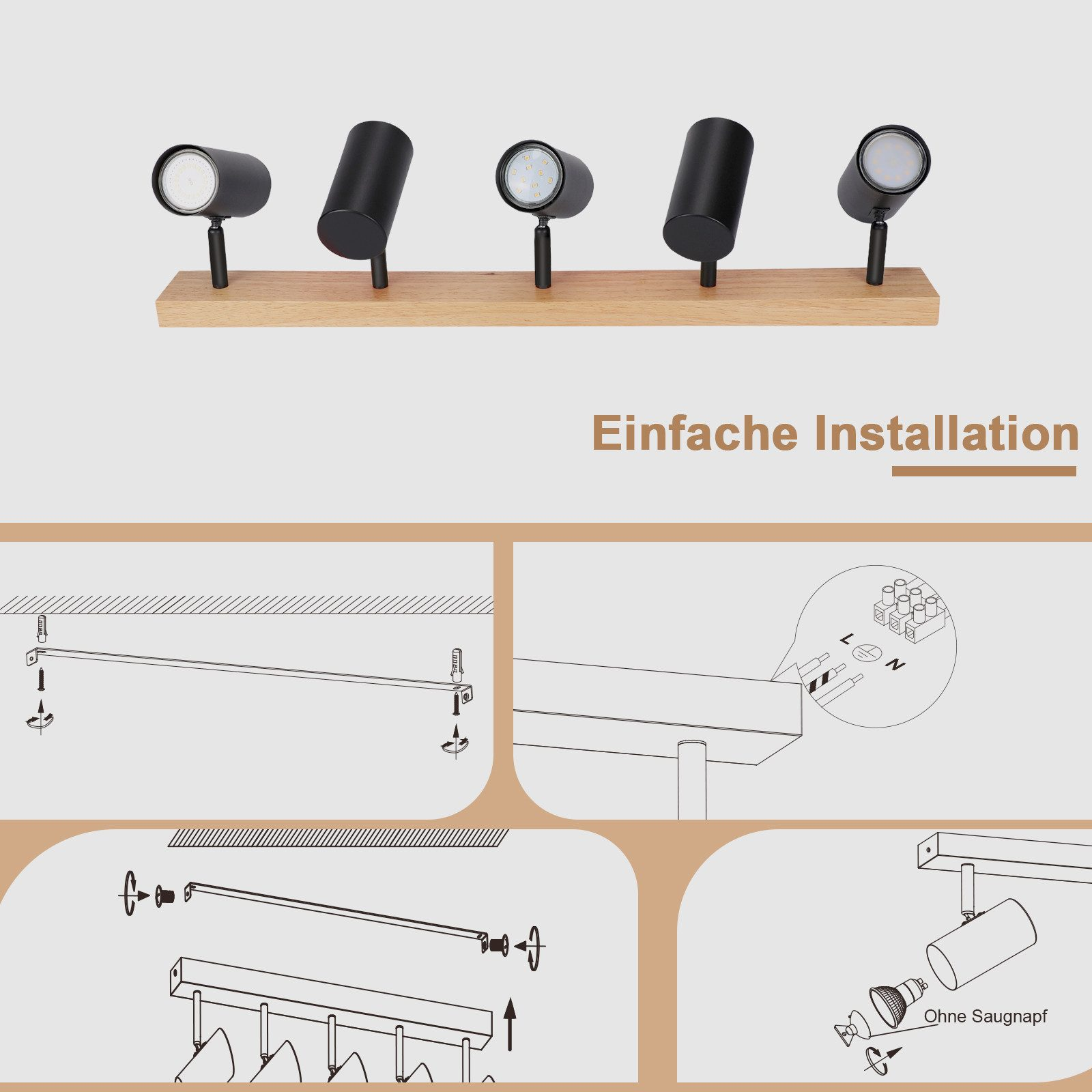 Schwarze Strahler auf Holzsockel, mit Installationsdiagrammen. Der Text "Einfache Installation" ist sichtbar.